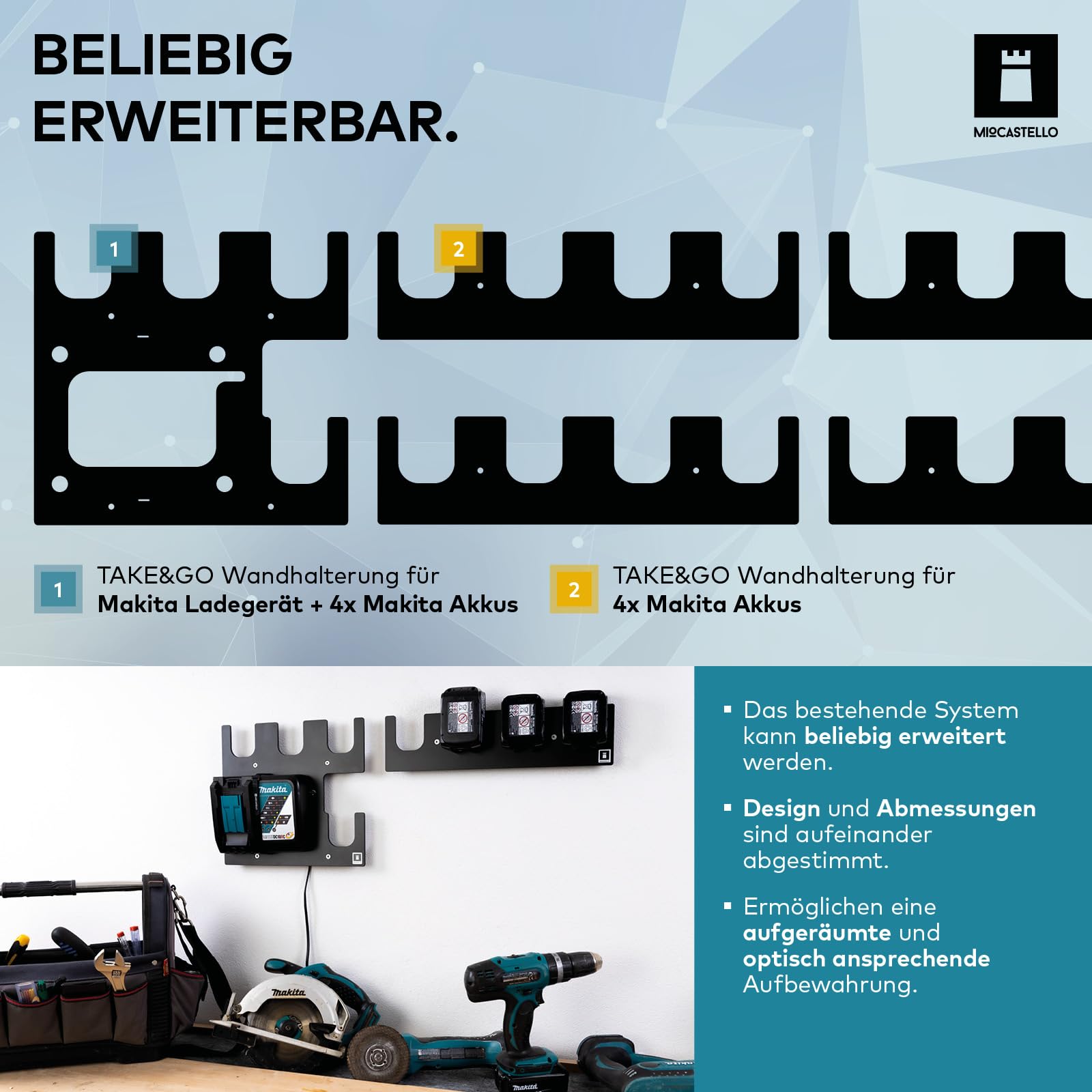 TAKE&GO Wandhalterung für Makita Akkus und Ladegerät – mit cleverer Ladegerät-Befestigung für festen Halt sowie einzigartige Flexibiltät und Mobilität beim Laden (Farbe: Schwarz)