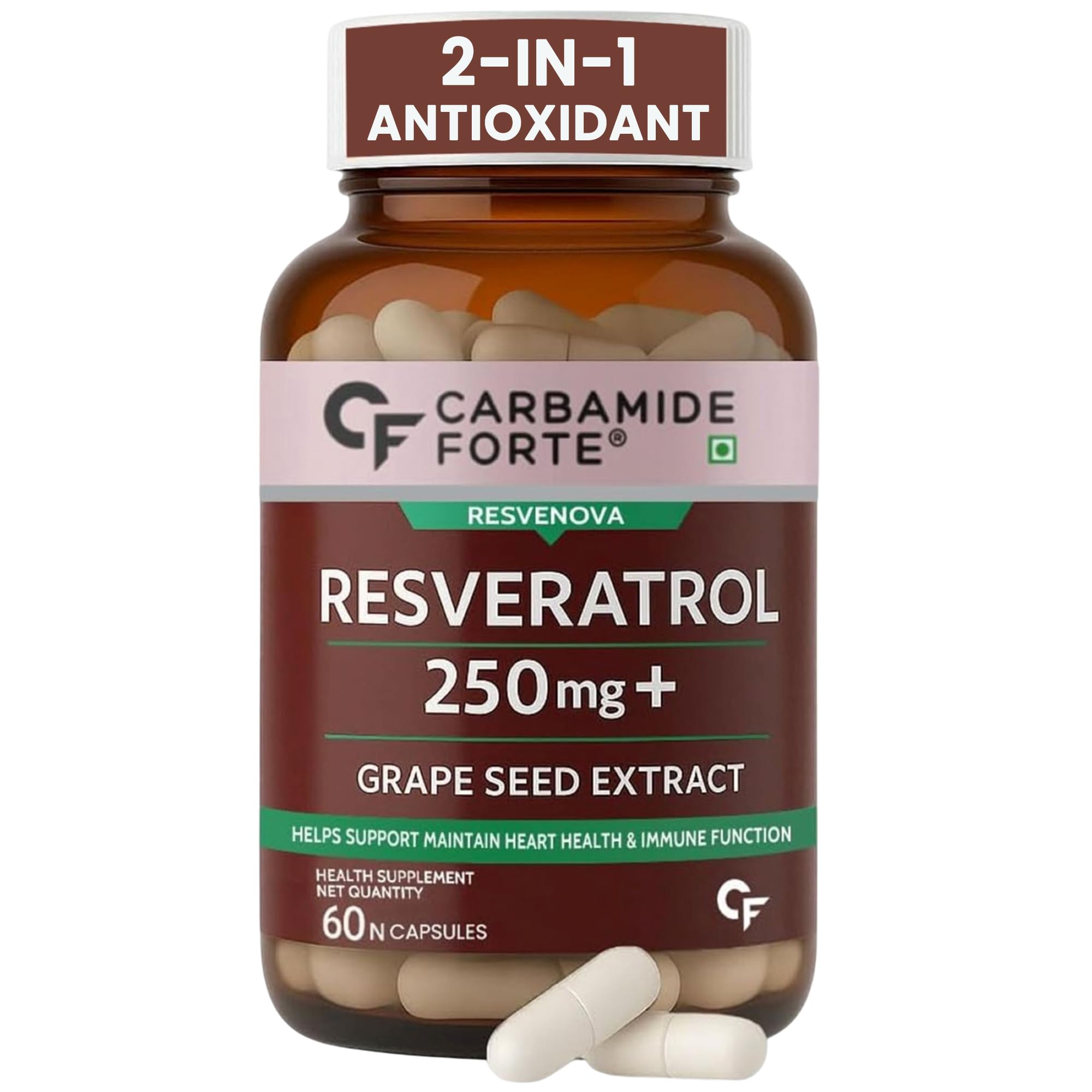 Carbamide Forte Resveratr𝗈l 250mg | With Grape Seed Extract | Resveratrol Anti Aging, Heart & Immune Support | Grape seed extract 60 Veg Capsules