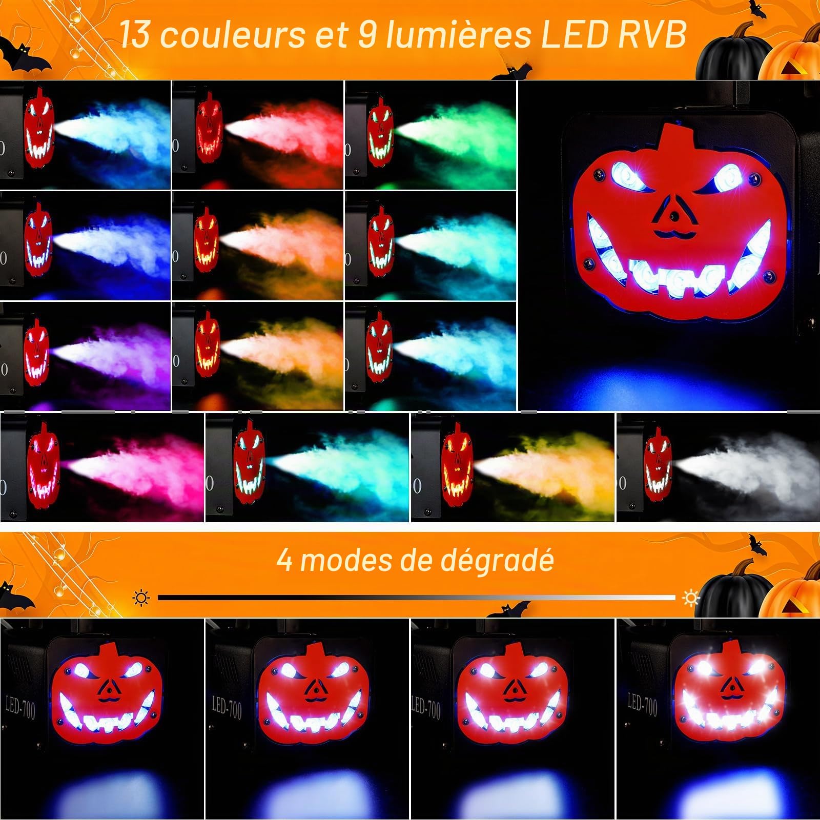 MAMIZO Machine à Fumée Halloween à Citrouille, avec 9 LED RGB et 13 Couleurs, 5000 CFM Fumée Halloween, Machine à Brouillard avec Fonction Auto-Spray, Portable, pour Halloween, Noël et Fêtes