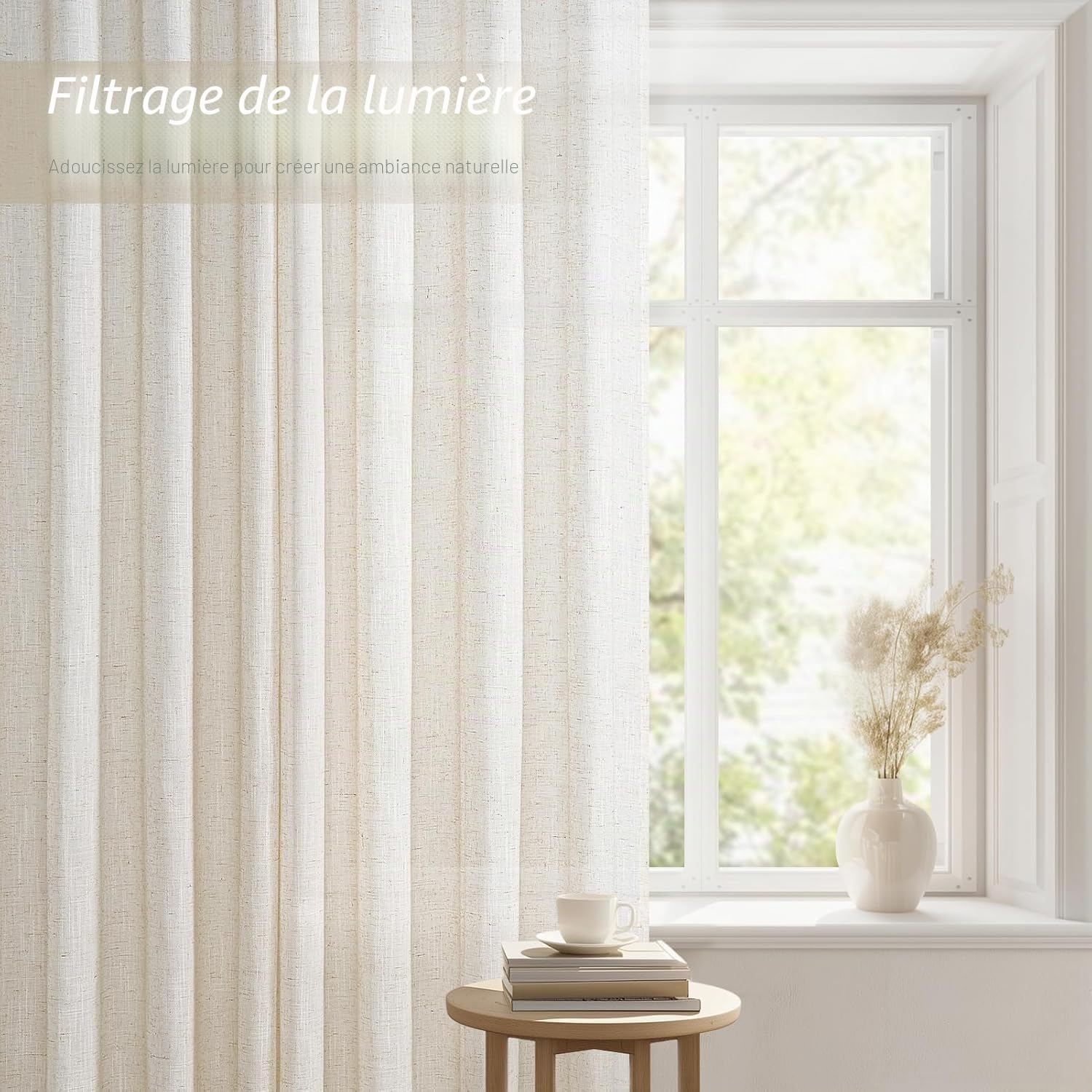 Topfinel 1 Pièce 300x240cm(LxH) Rideaux en Lin Bohèmes Rideau de Salon Rideaux Semi-Transparents avec Ruban À Volants Rideau Beige Naturel pour Système De Rail