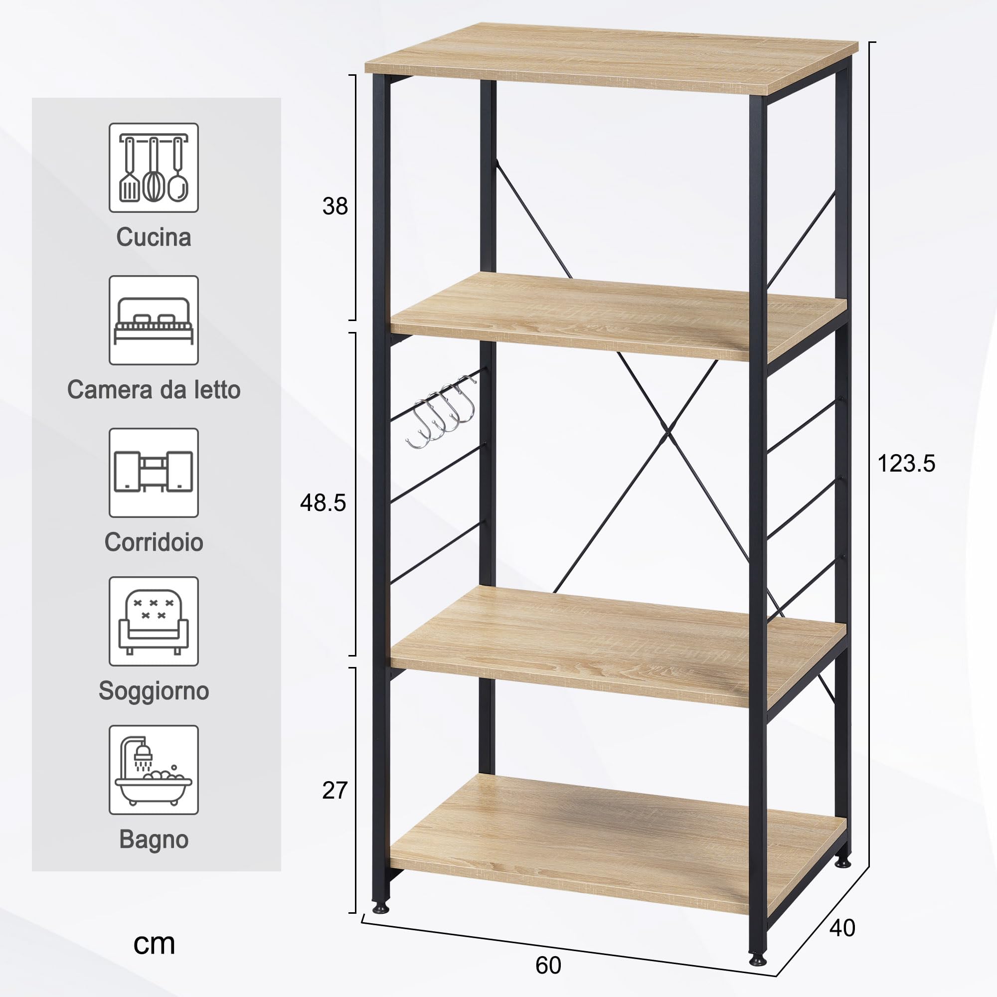 WOLTU Scaffale per Cucina Carrello Porta Microonde Forno a 4 Ripiani con Ganci in Acciaio Legno