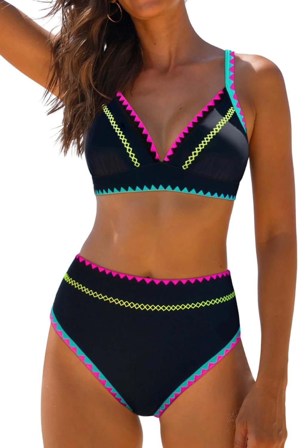 popvil High Waisted Bikini Sets for Women Tummy Control Swimsuits Neon Two Piece V Neck Drawstring Bathing Suits 2026