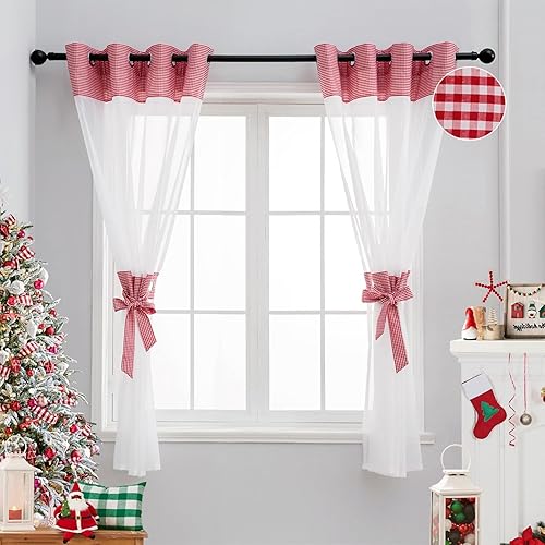 L.Z.E Juego de 2 paneles de cortinas traslúcidas de Navidad de 84 pulgadas de largo, cortinas rojas y blancas para sala de estar, cortinas de
