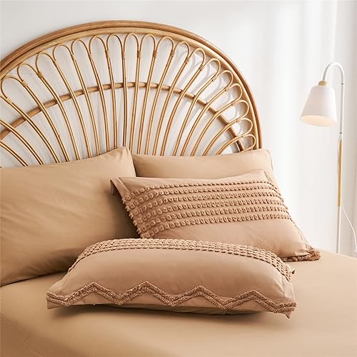 Miniatura 6 de Kakijumn - Juego de edredón con diseño de nudos color caqui tamaño Queen de 7 piezas, juego de edredón y sábanas estilo bohemio chic desgastado,
