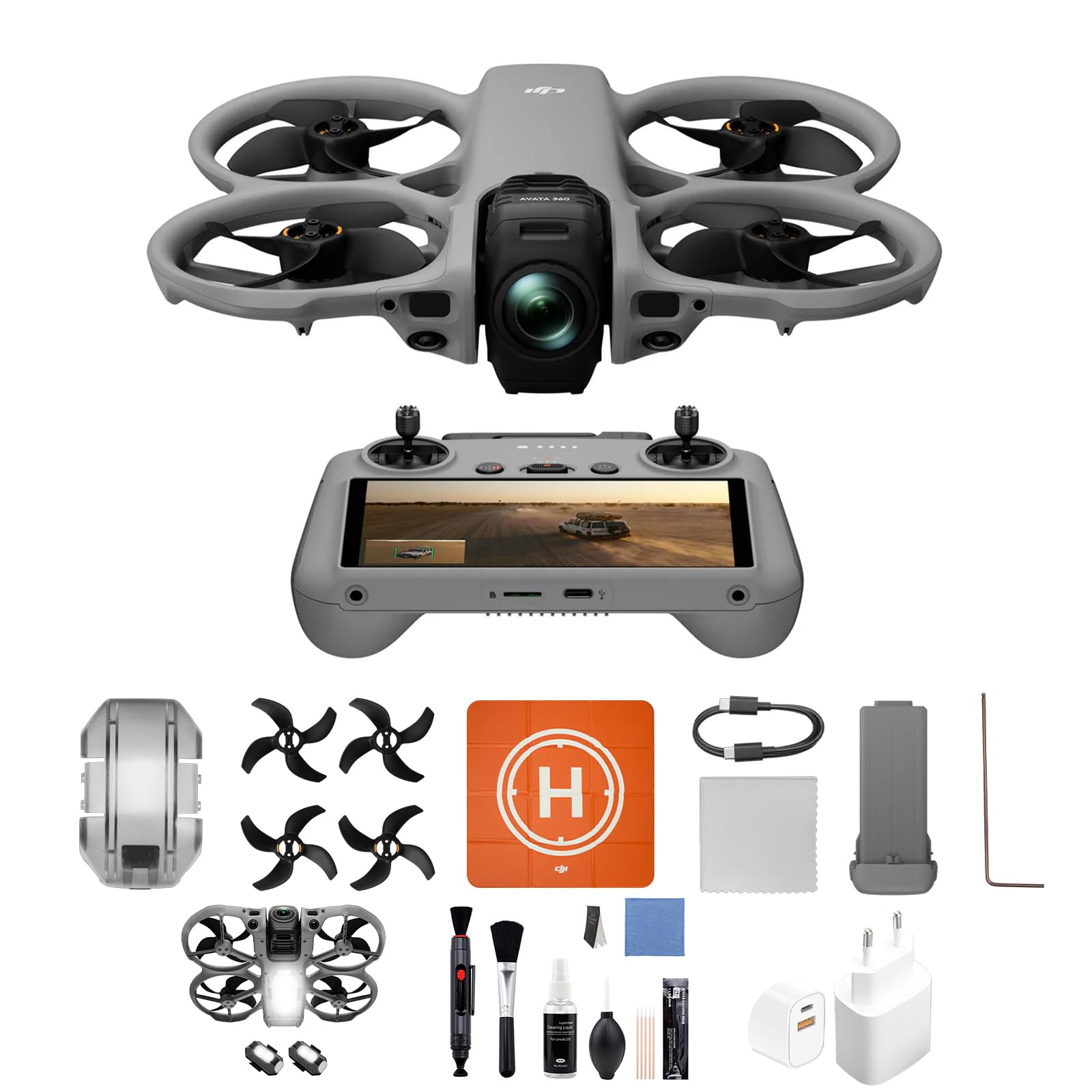 DJI Avata 360 (RC 2), dron con imagen 360° de 1 pulgada 8K para FPV y filmación aérea, Incluye RC 2 con una pantalla integrada, dron con cámara 360° con protector, Charger, Clean Kit, 2 Lights