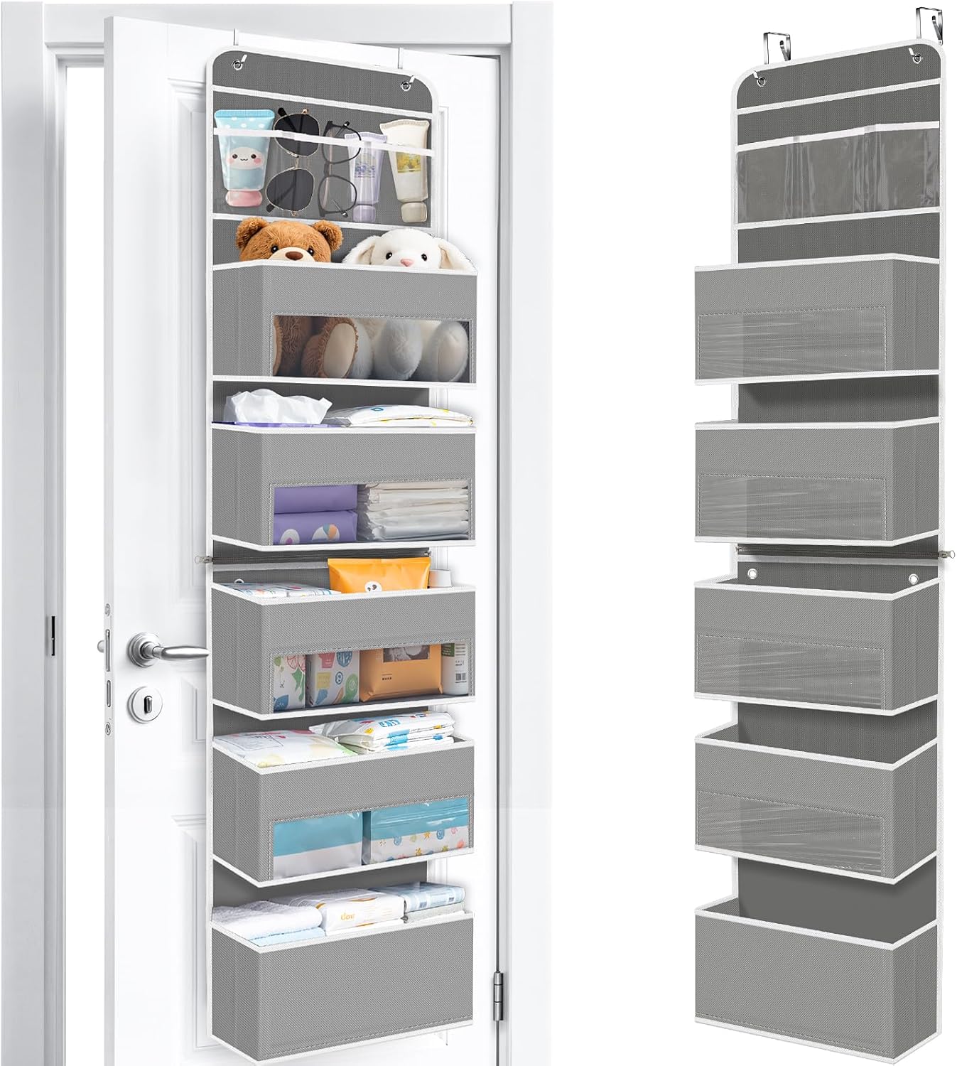 WISELIFE 6-Tier Over The Door Organizer Storage Detachable Design Door Hanging Storage Organizer with Clear Window Behind The Door Storage for Nursery Bedroom Bathroom Pantry Closet Grey