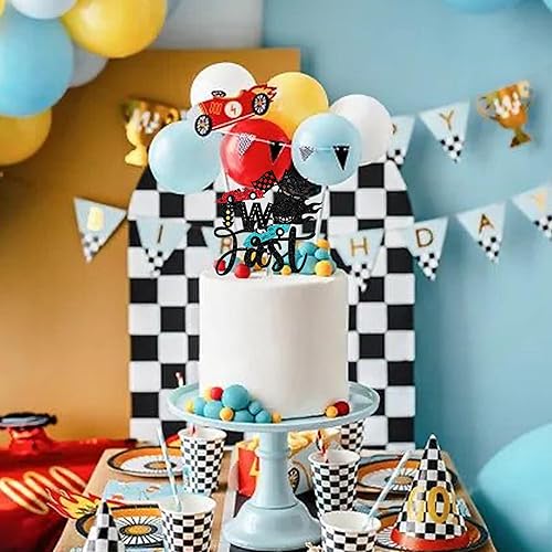 Vista 5 de 1 paquete de dos decoraciones rápidas para tartas de auto de carreras de 2º cumpleaños, bandera a cuadros, decoración temática de niños o niñas de 2