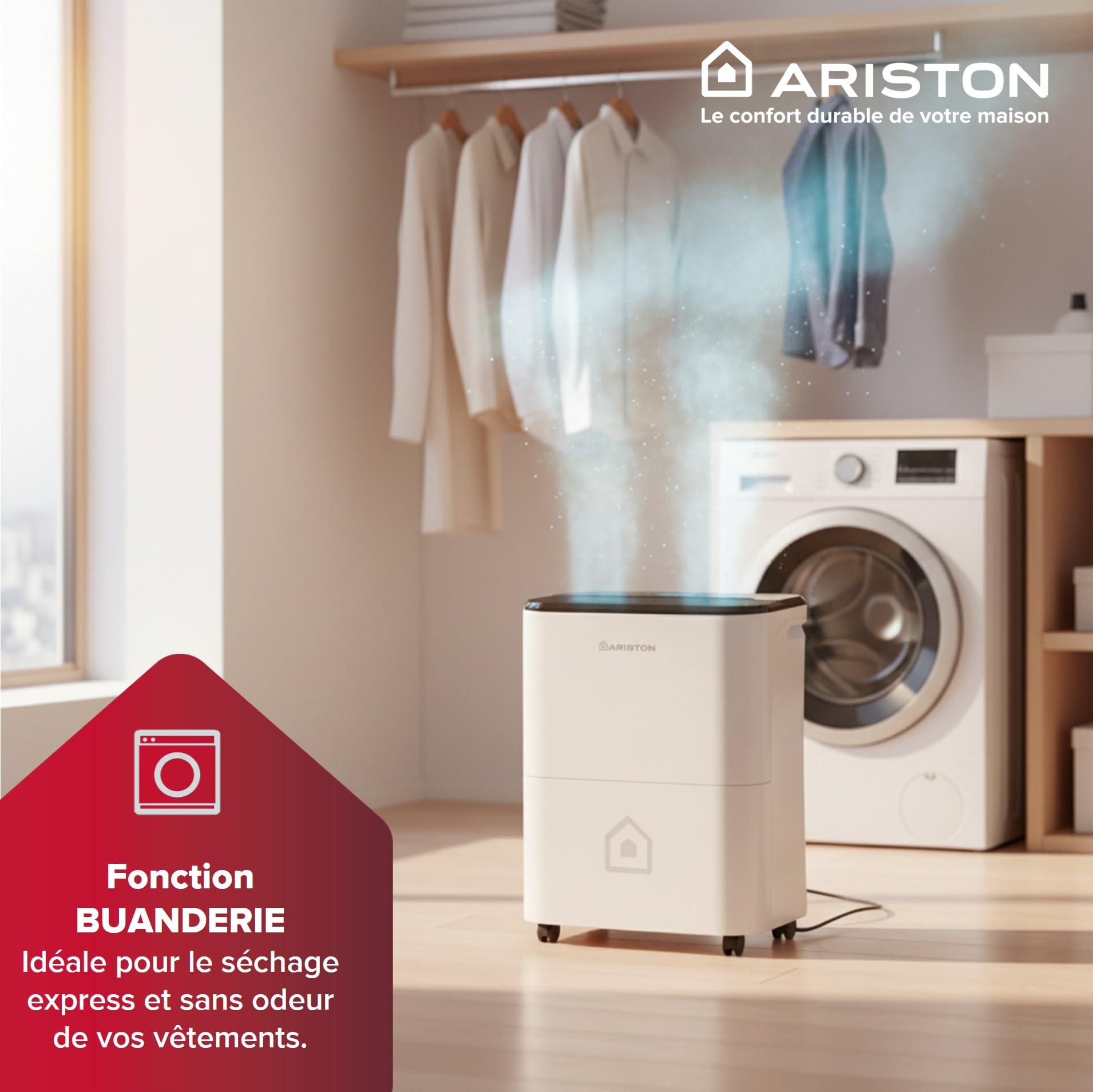 Ariston Deos 21S Net WiFi - Déshumidificateur Portable Haut de gamme 21L - Contrôle Électronique du niveau d’Humidité - Fonction Buanderie, Silencieux, pour des pièces allant jusqu'à 52 m²