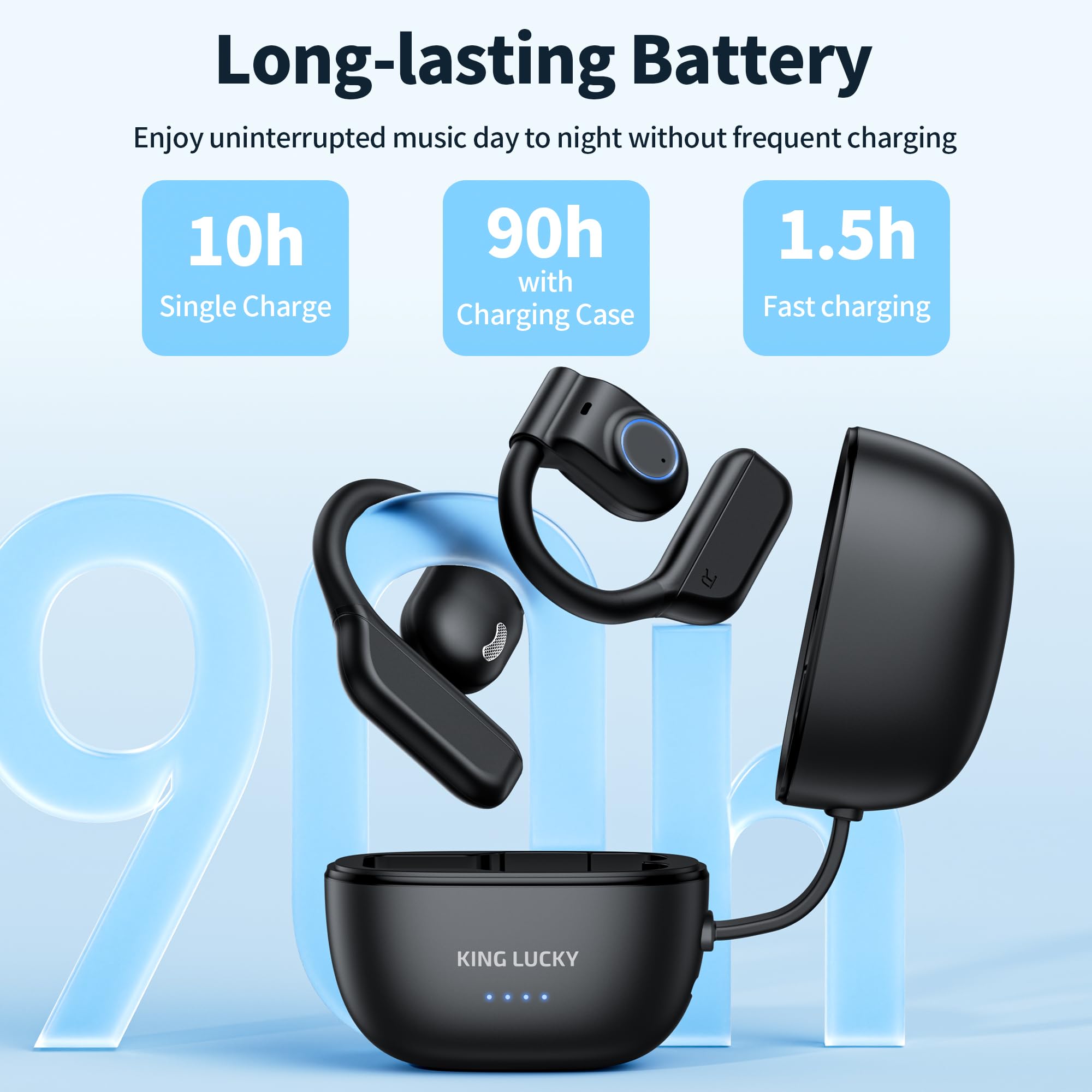 King Lucky Clip-On Open Ear Bluetooth Earbuds - 45H Playtime, IP56, No Ear Tip, For Glasses & Small Ears