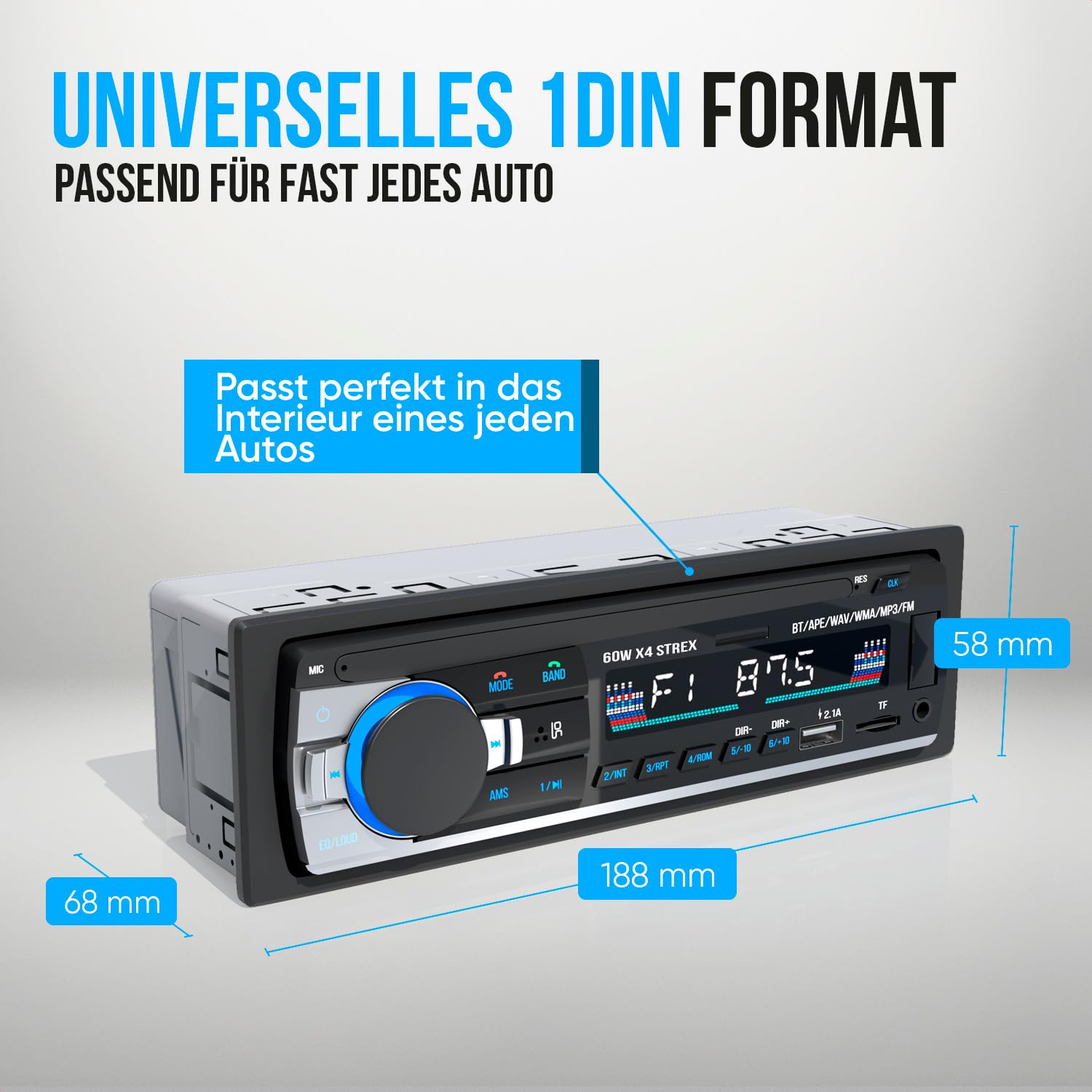 Strex Autoradio mit Bluetooth für alle Fahrzeuge - USB, AUX und Freisprecheinrichtung - Fernbedienung - EIN-DIN-Autoradio mit integriertem Mikrofon