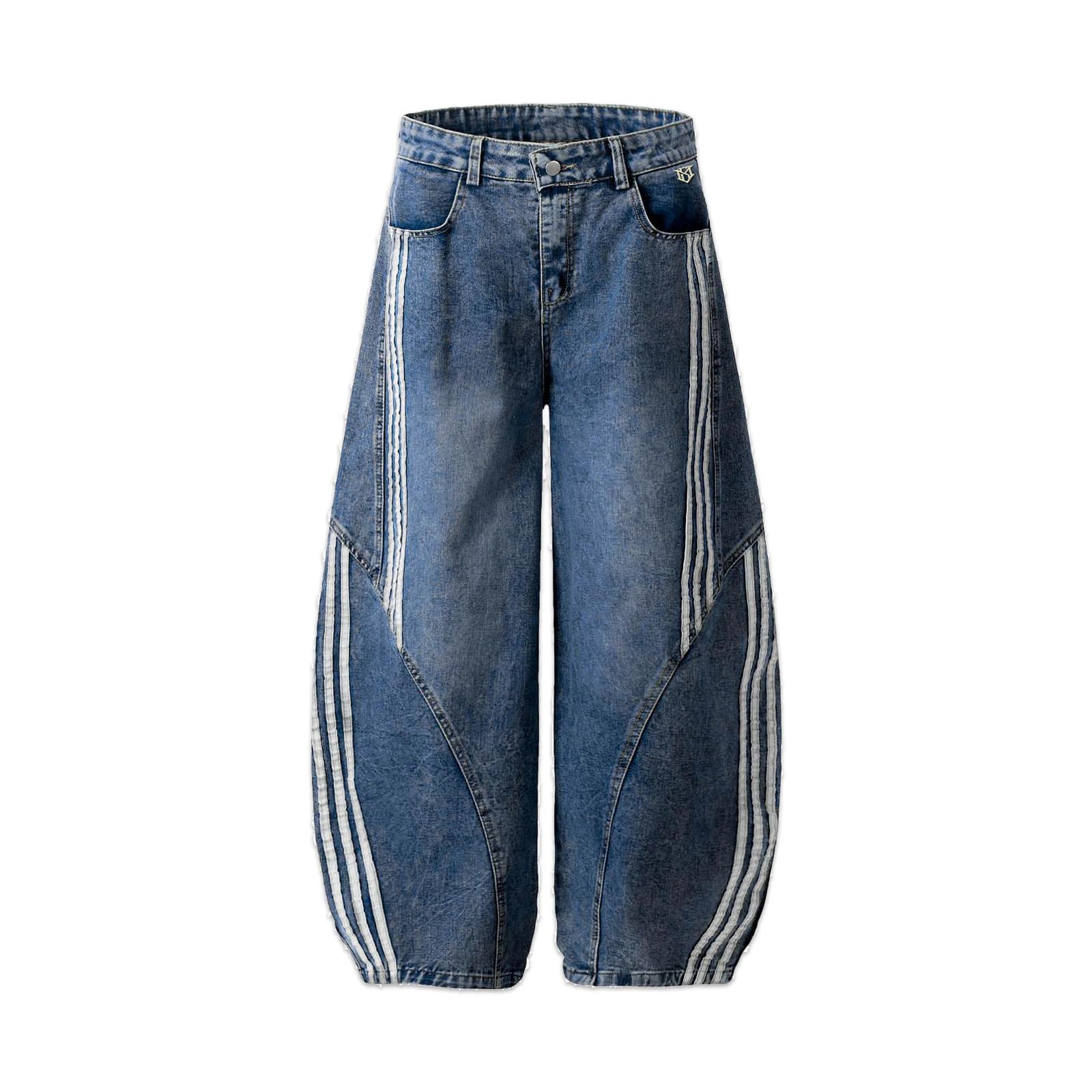 Streetwear Striped Stitching Barrel Jeans Baggy Street Pants Y2k Loose Denim Trousers