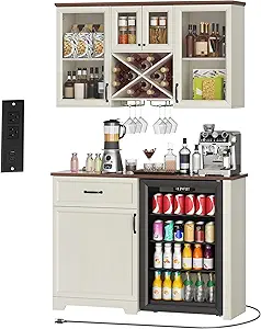DWVO Coffee Bar Cabinet with Mini Fridge Space Storage & Charge Station, Wall-Mounted Kitchen Pantry Cabinets with Glass Doors & Wine Storage & Glass Racks for Home Living Dining Room, White Walnut