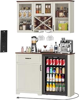 DWVO Coffee Bar Cabinet with Mini Fridge Space Storage & Charge Station, Wall-Mounted Kitchen Pantry Cabinets with Glass Doors & Wine Storage & Glass Racks for Home Living Dining Room, White Walnut