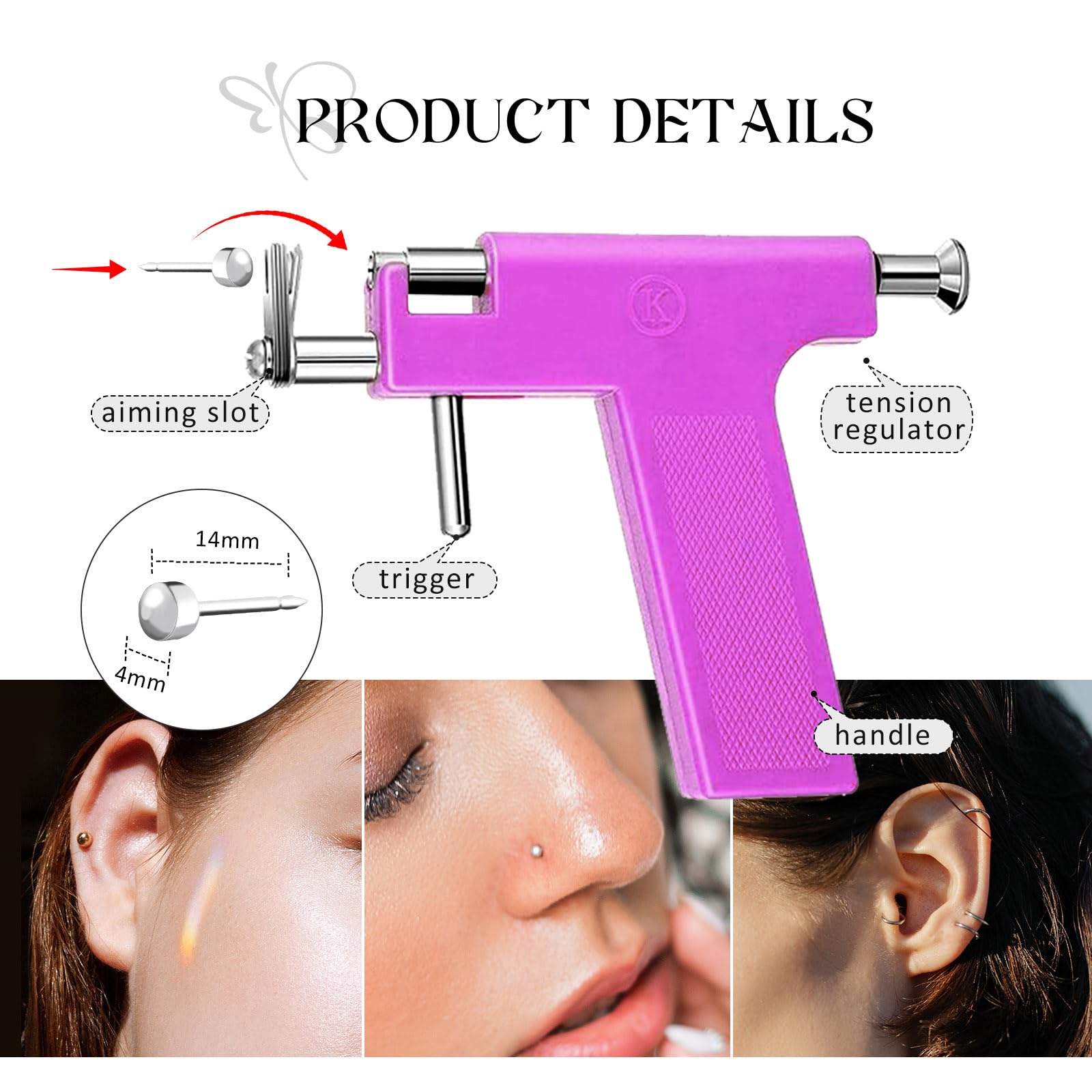 Longbeauty Juego de 224 pistolas perforadoras de acero inoxidable para piercing de oreja