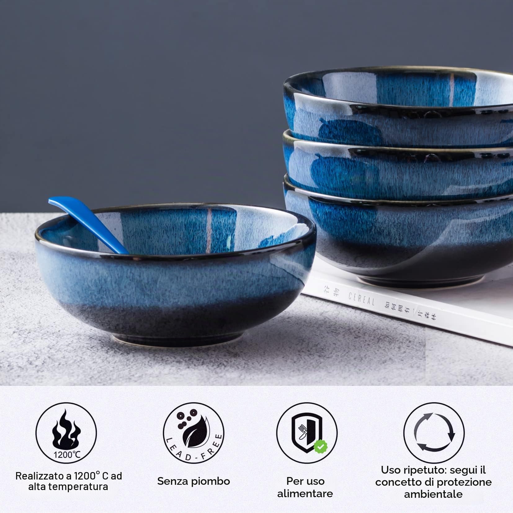 UNICASA Ciotole Insalatiere, Set Scodelle Ceramica 4 Unità, Ciotole da Colazione per Cereali/Insalata/Zuppe, Diametro 16 cm Colore Blu, Servizi Combinati