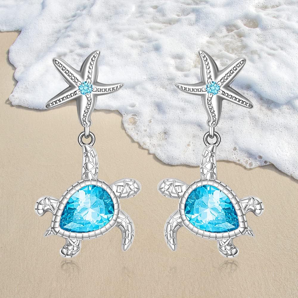Turtle Earrings for Women Sterling Silver Blue Sea Turtle Earrings Starfish Studs Ocean Hawaiian Jewelry Cute Mothers Day Christmas Gifts Hypoallergenic - Image 4