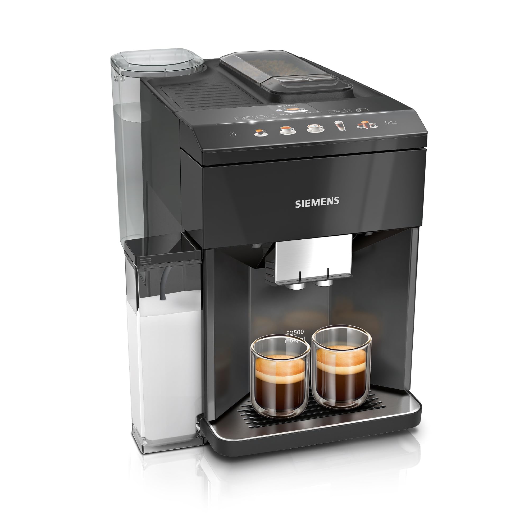Siemens Kaffeevollautomat EQ500 integral, farbiges TFT-Display, 9 Kaffee- und Milchgetränke, Doppeltassenfunktion, beleuchteter Kaffeeauslauf, entnehmbare Brüheinheit, Schwarz, TQ515D09