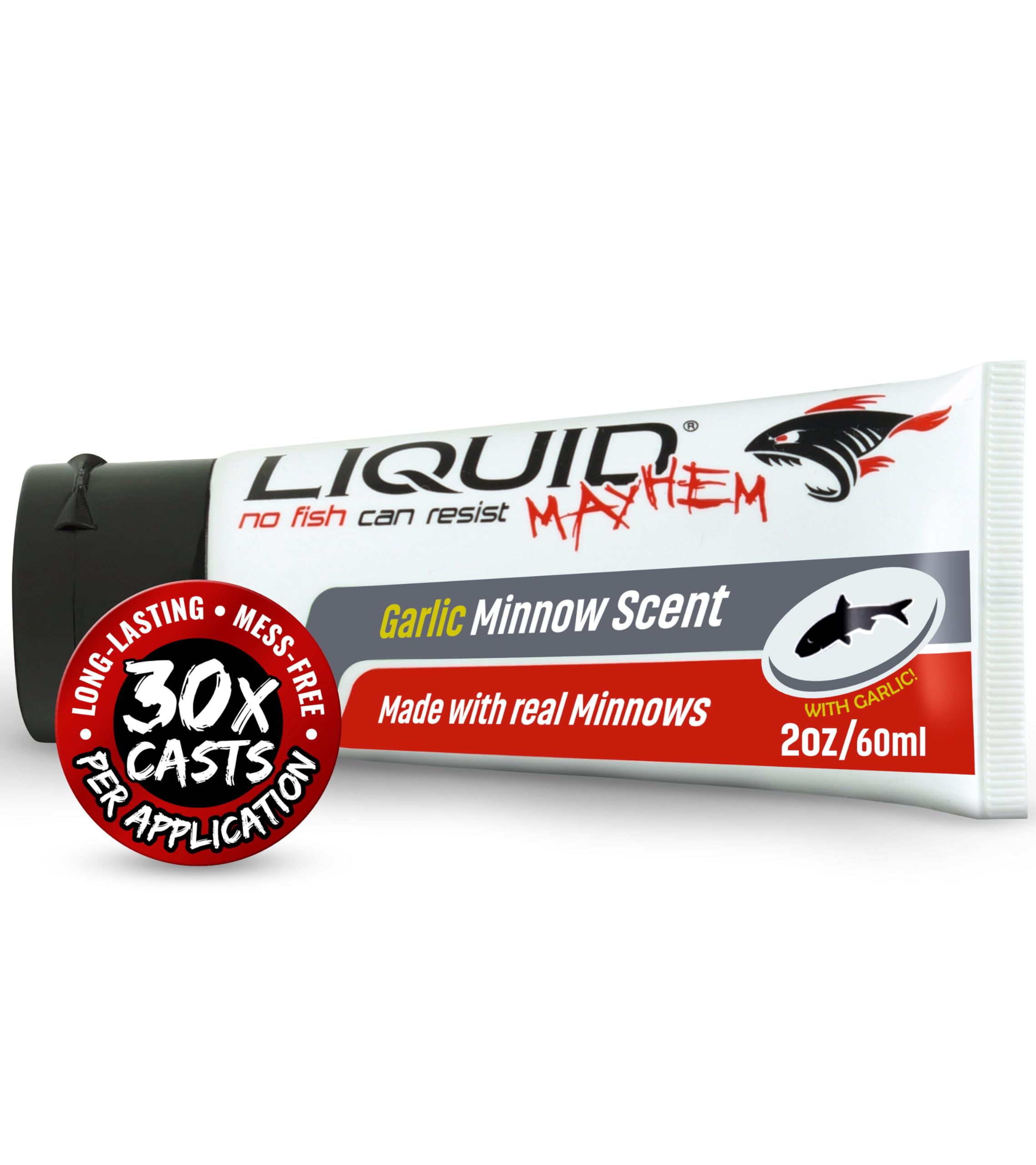 Liquid Mayhem Garlic Minnow Fish Attractant Gel 60 ml / 2 oz · 60 Uses – Real Garlic Minnow Bait & Aminos | UV-Enhanced Long-Lasting Gel – All Lure Types