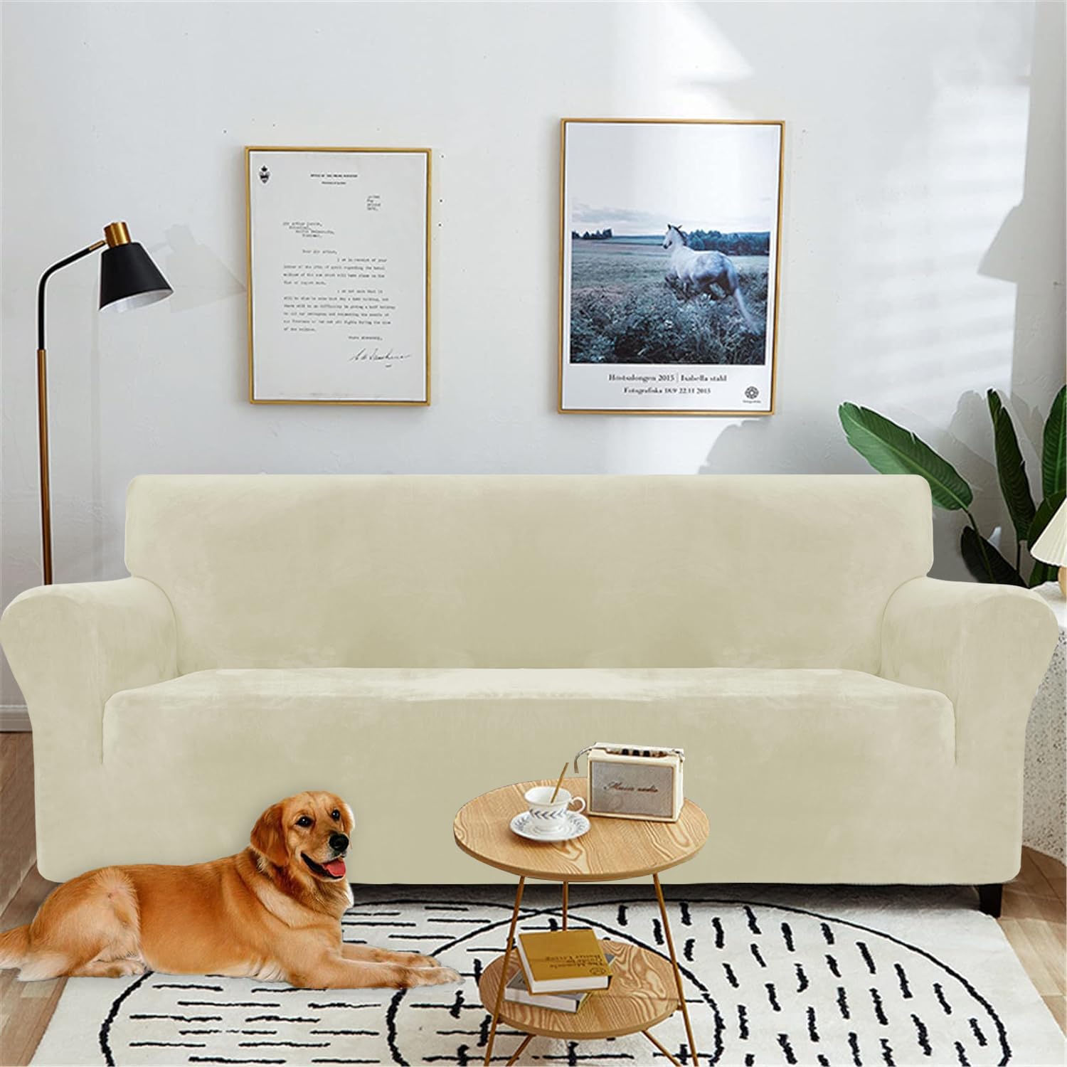 YSTELLAA Copridivano Velluto 3 Posti con Braccioli, Copridivani AntiGraffio Gatto, Fuzzy Copri Divano Elasticizzato Elastico, Universale Sofa Cover Antimacchia Lavabile Antiscivolo, Beige