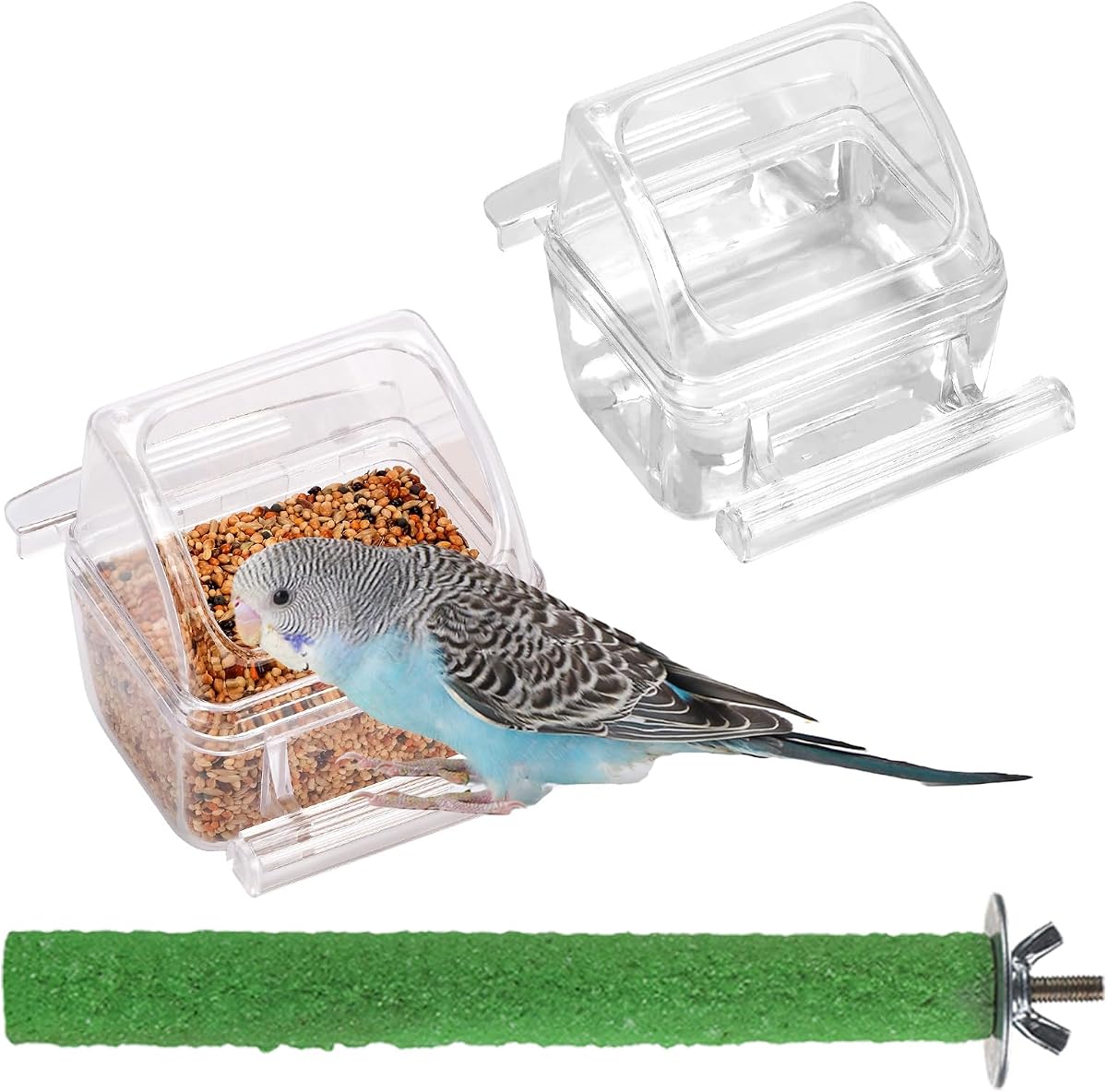 Paquete de 2 cuencos de agua transparentes y recipiente para alimentos, comedero para jaula de pájaros con percha para periquitos, diseño que no ensucia