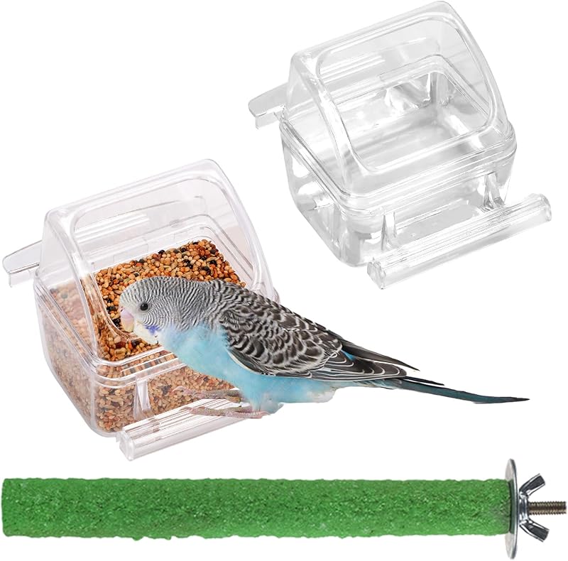 Paquete de 2 cuencos de agua transparentes y recipiente para alimentos, comedero para jaula de pájaros con percha para periquitos, diseño que no ensucia