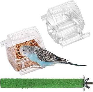 IBWell 2-Pack Clear No-Mess Feeder and Water Bowl with Perch for Parakeets