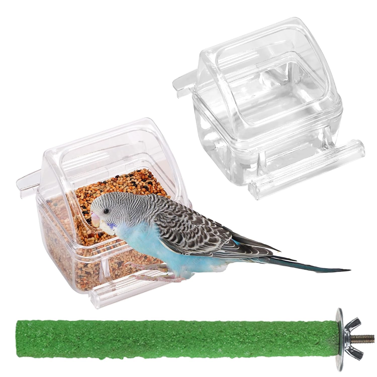 IBWell 2 Pack Clear Water Bowl and Food Container - Bird Cage Feeder With Perch for Parakeets - No Mess Design