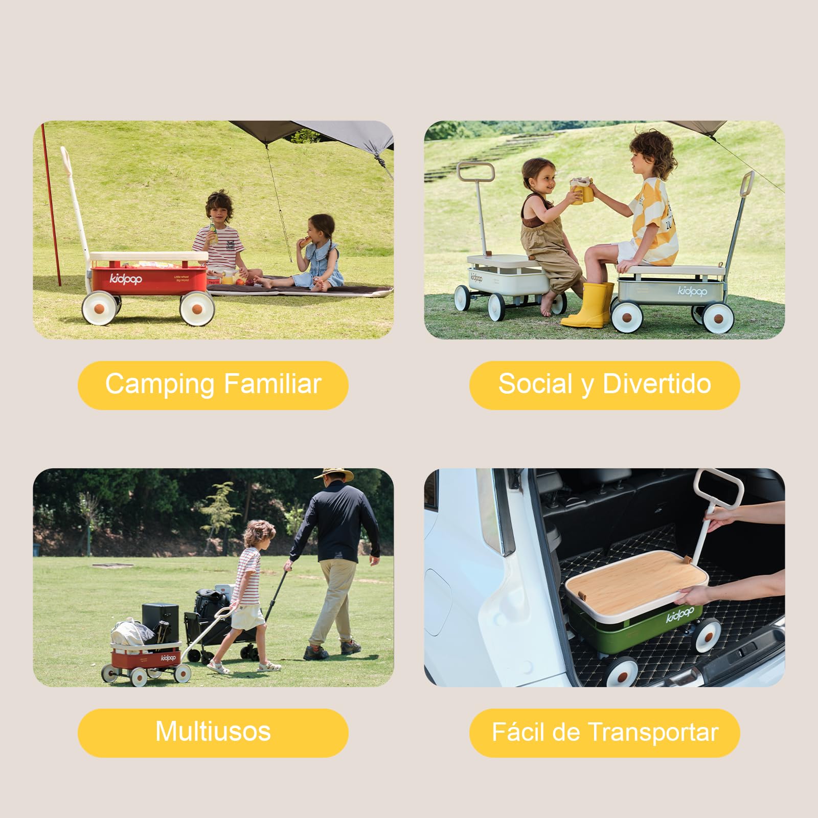 kidpop PULA-Wild - Carrito de Mano para niños 3 en 1, 2,5-8 años, Cubierta de Madera Desmontable y Manillar Ajustable, Regalos de cumpleaños Peso máximo 16 kg,Gris