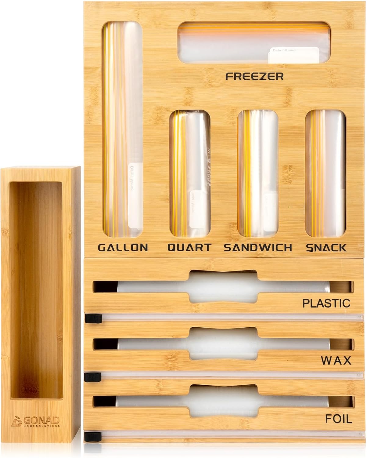 GONAD Storage Bag Organizer - Foil & Plastic Wrap Organizer with Cutter, Kitchen Storage Compatible with Gallon, Quart, Sandwich, Snack Bags & Aluminum Foil & Wax Paper, NATURAL