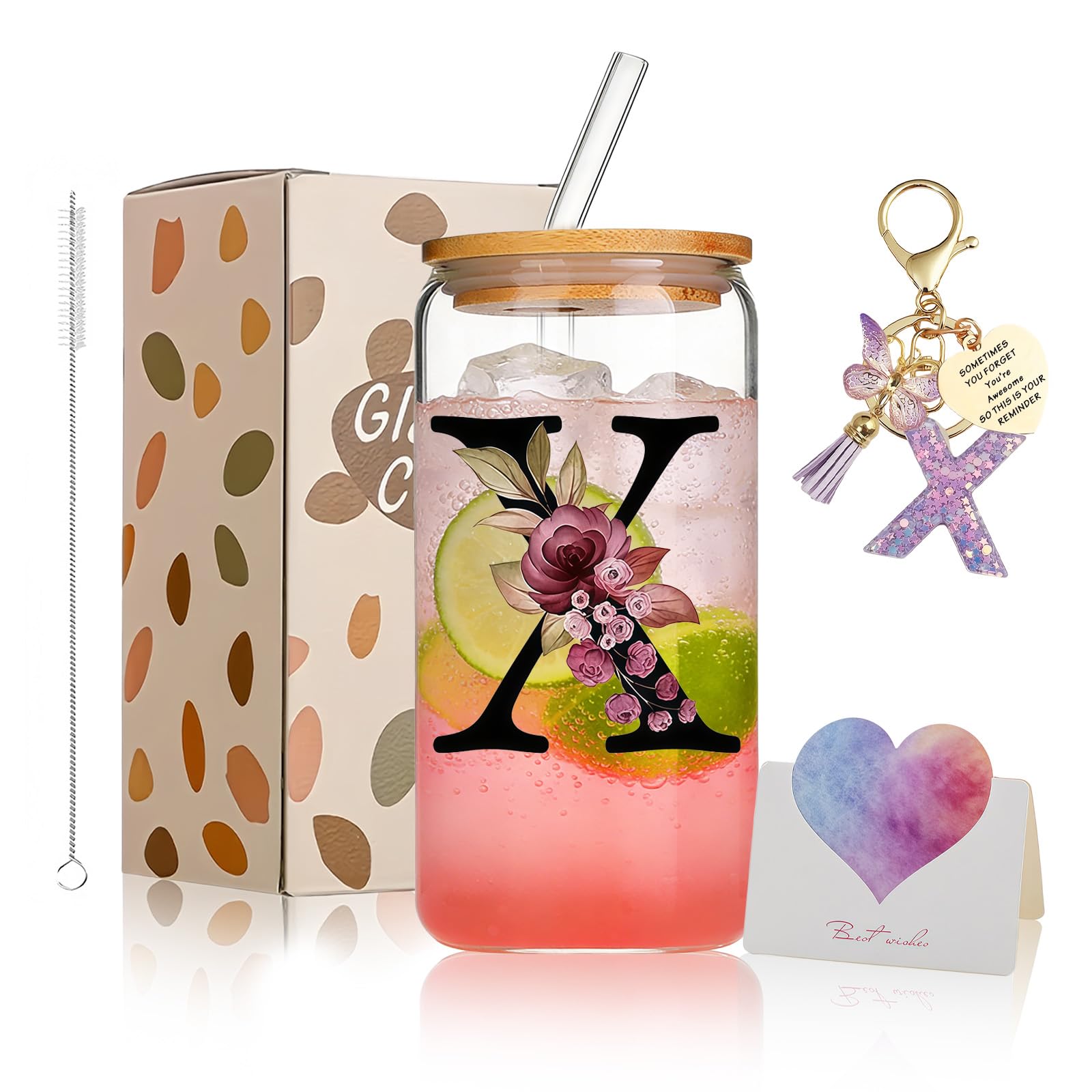 AWSOLAR 17.6oz Glass Cups with Lids and Straws, X Iced Coffee Cup, Personalised Gifts for Women and Men on Valentine, Mother, Father, Birthday, Christmas, Anniversary, Graduation Gifts