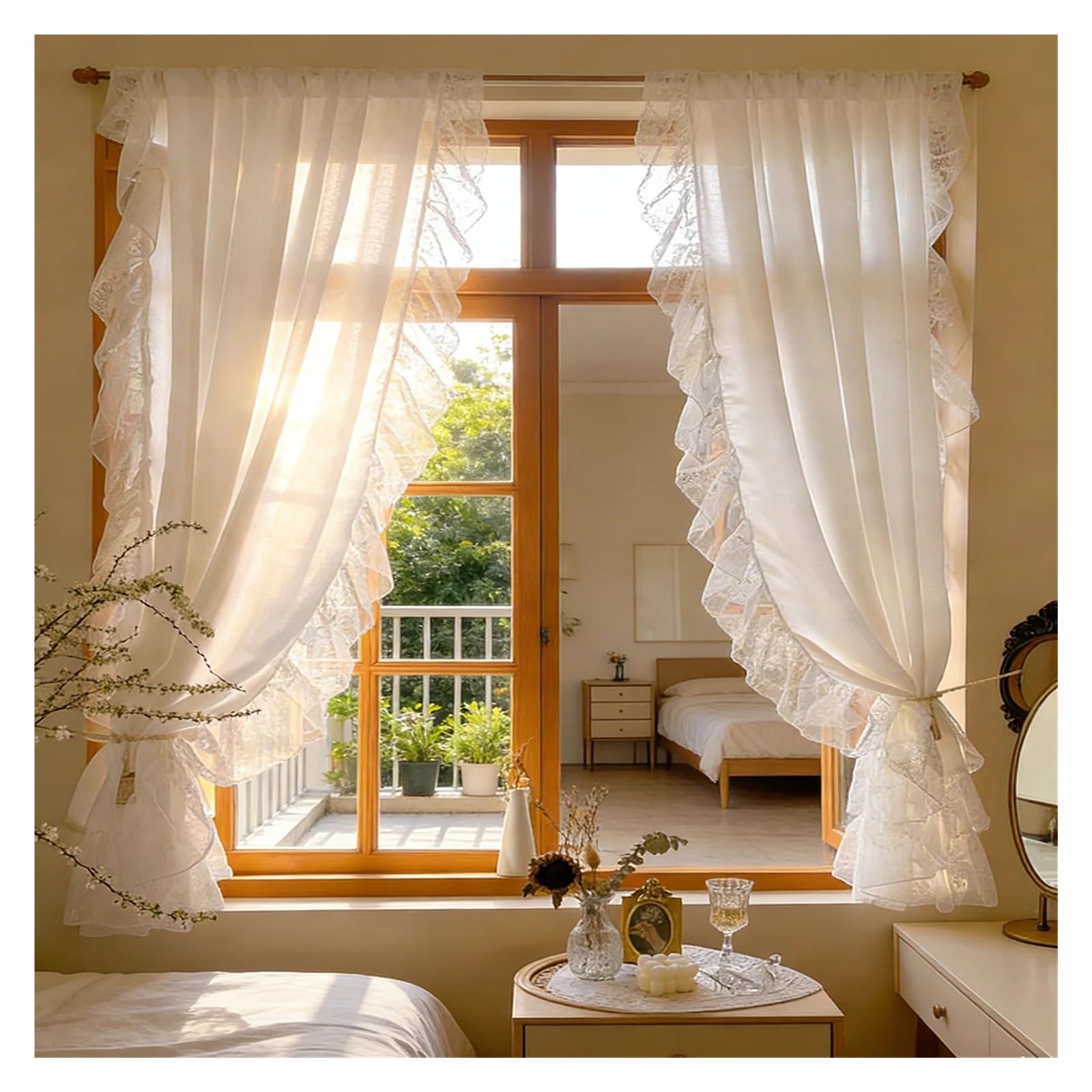 HEUchuan Ruffled Curtains 1 Panel White Opaque Sheer Curtain Floral Ruffled for Small Windows Kitchen Room Decor(1 PANEL_ROD POCKET_1PC W200 X H160CM)