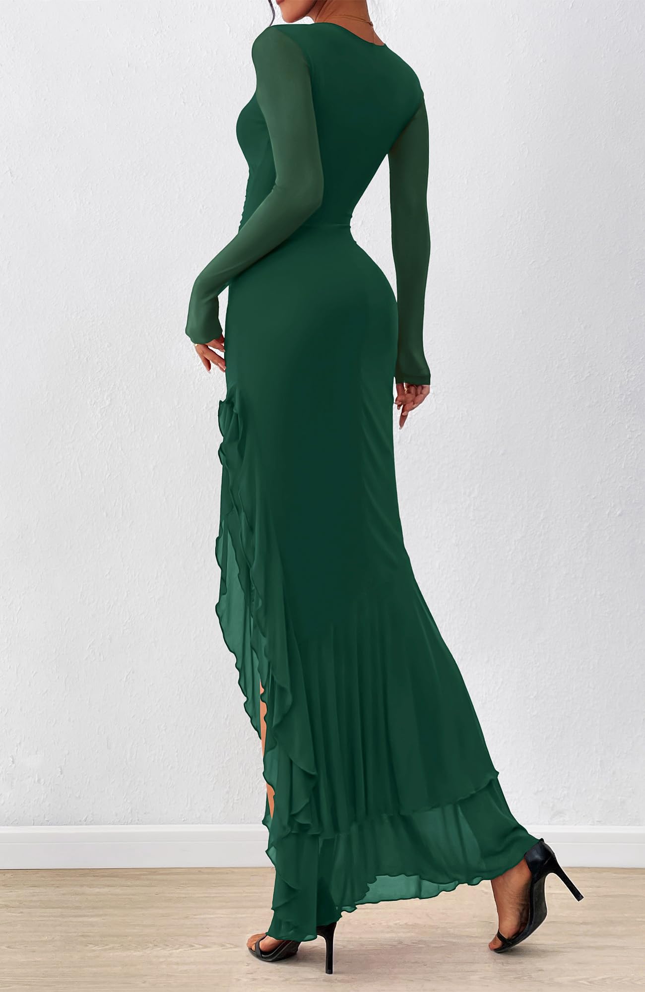 BTFBM Women's Maxi Dresses Fall 2025 Long Sleeve Ruched Bodycon Solid Ruffle Mermaid Cocktail Wedding Guest Dress