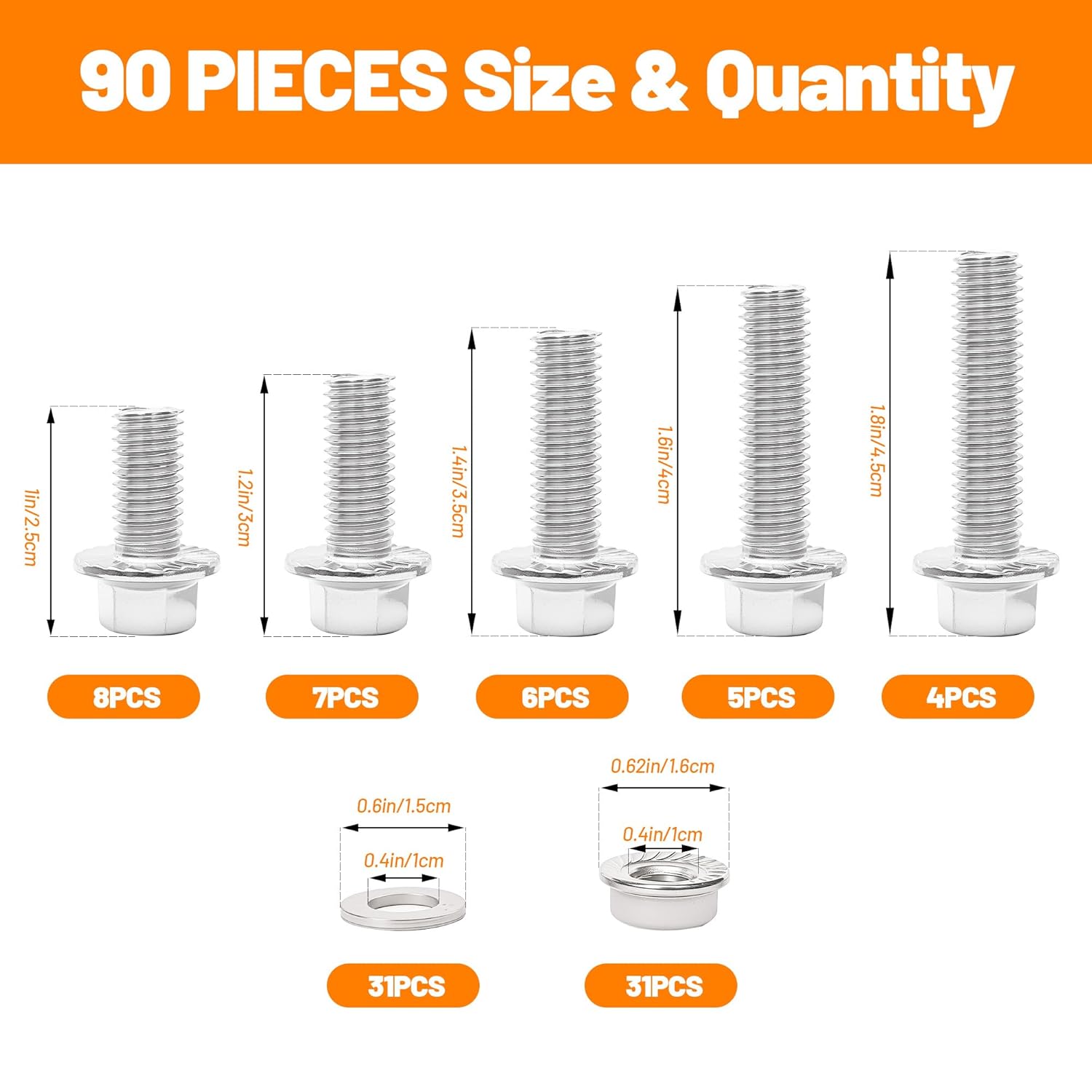 M8 Hex Flange Bolt Kit, 90 Pieces, Stainless Steel 304, 16-35mm Length