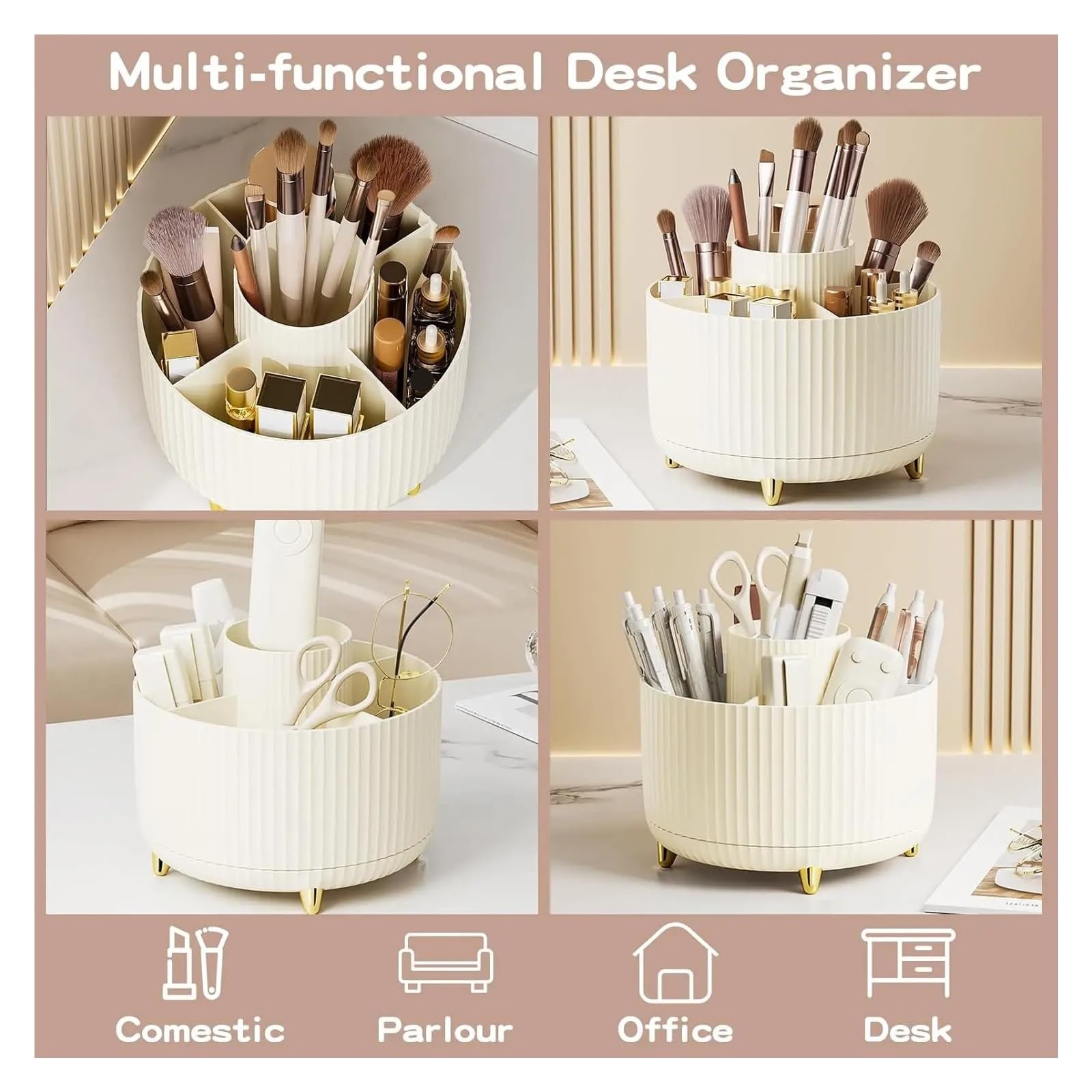 Organizzatore for pennelli da Trucco, Girevole a 360°, Organizer for Cosmetici, 5 Scomparti, Porta pennelli da Trucco, portaoggetti da scrivania for Bagno per cassettiera, Bagno(Cream)