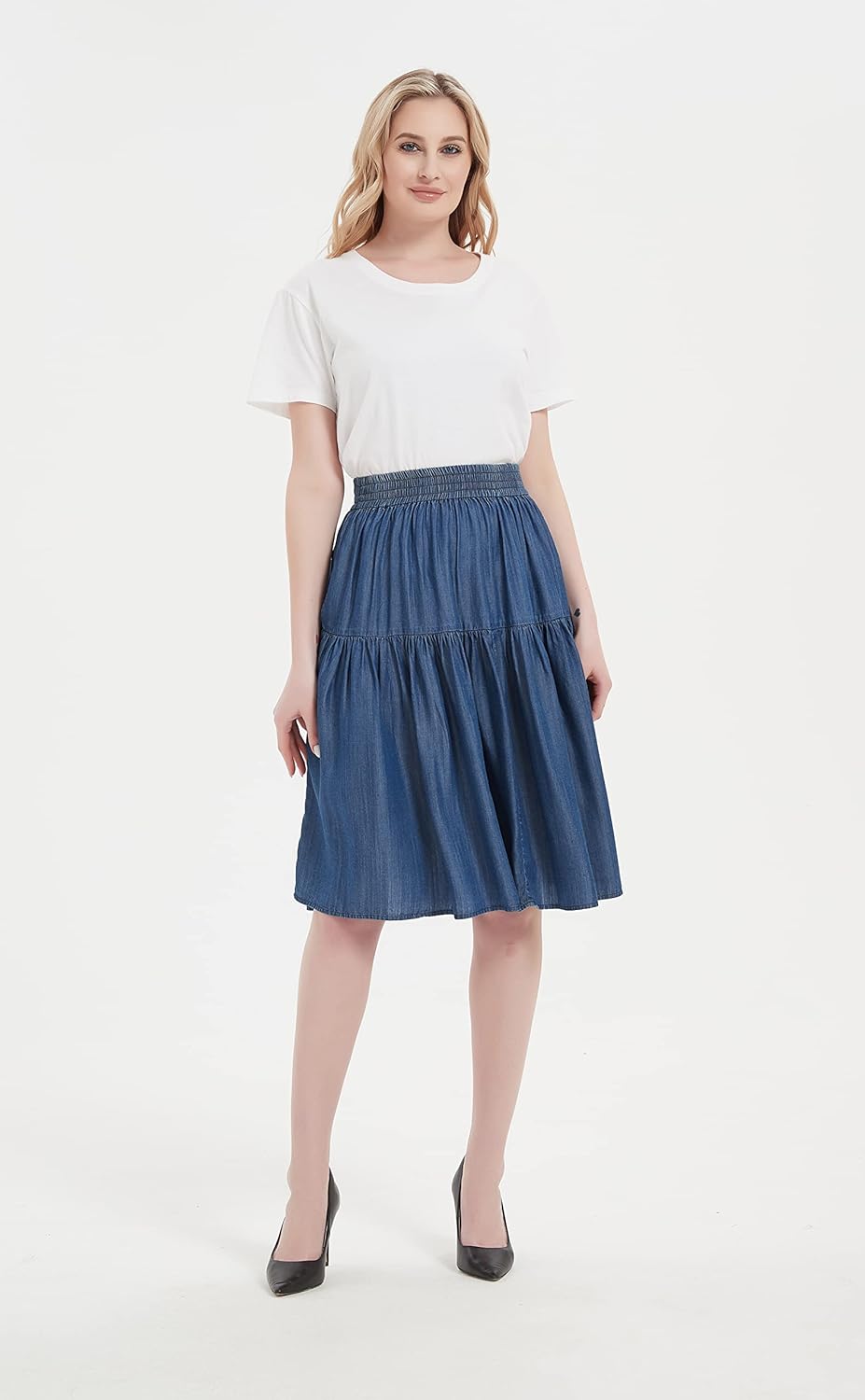 Tronjori Womens A Line Lightweight Tencel Denim Tiered Short Skirt Knee Length