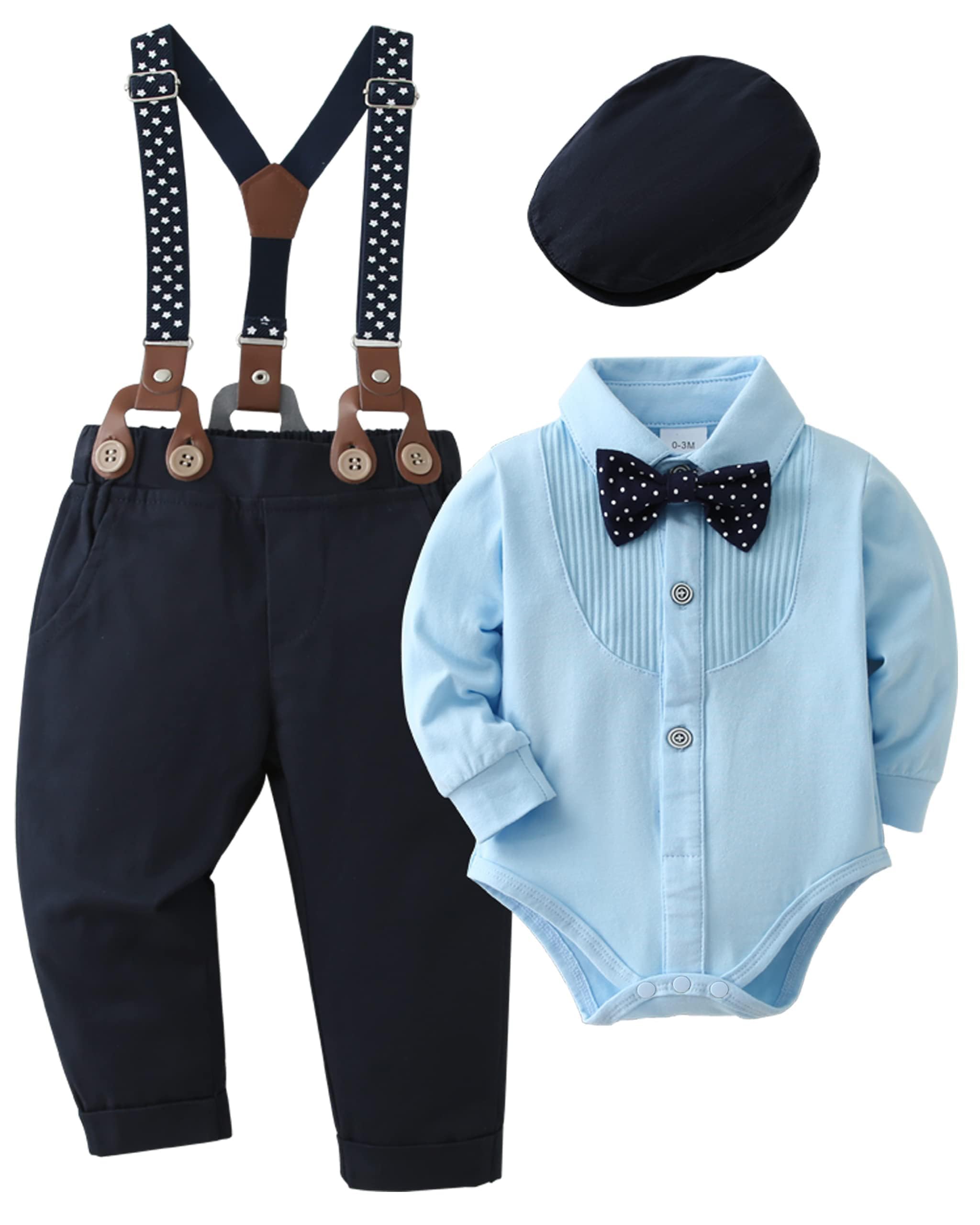 ZOEREA Trajes de Bebé Niño Conjunto de Ropa 0-18 Meses Peleles Monos con Pajarita + Tirantes Pantalones Bebé Niños Caballero Conjunto para Bautizo Fiesta Boda