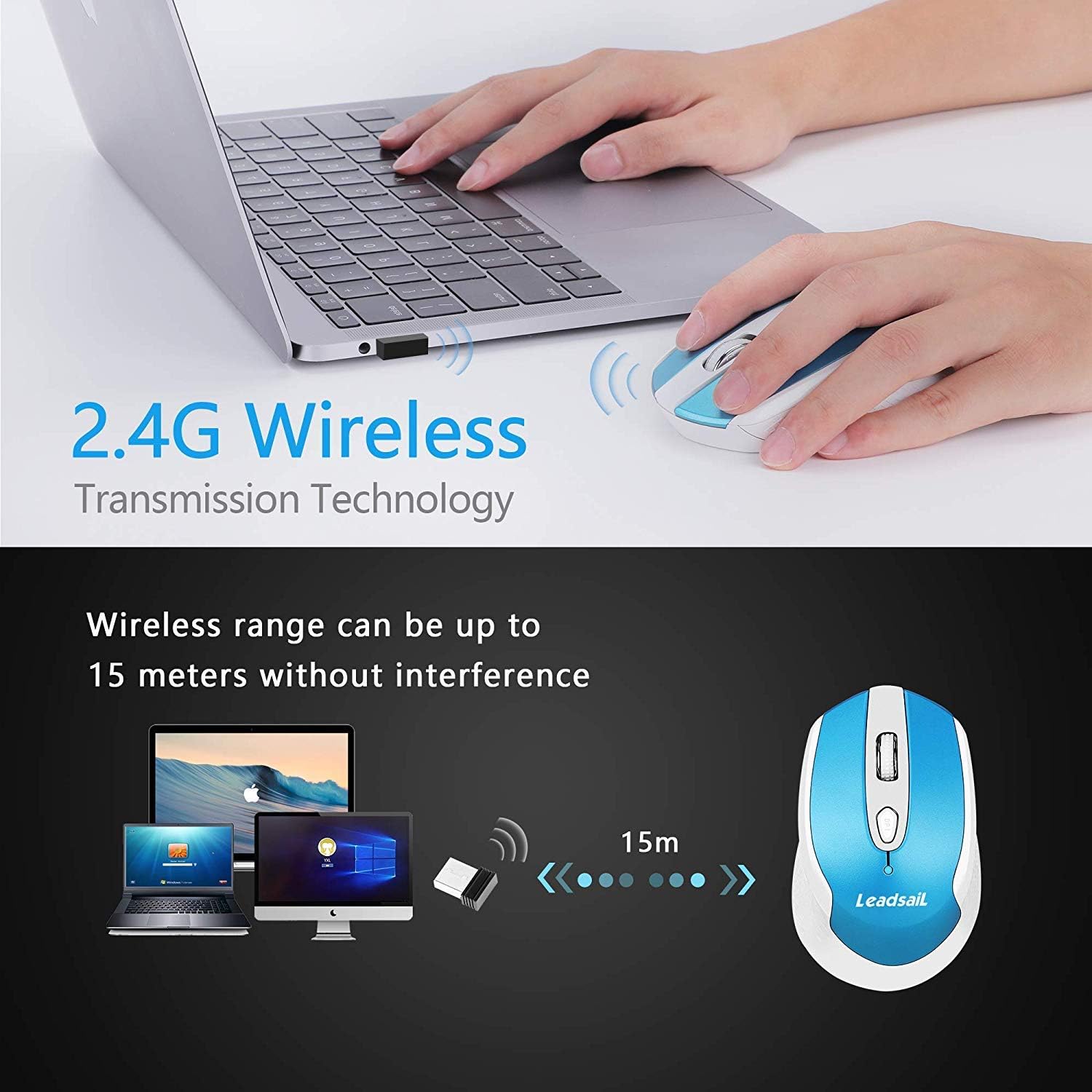 LeadsaiL Wireless Mouse for Laptop, 2.4G Portable Slim Cordless Computer Mouse Less Noise for Laptop Optical Mouse with 6 Buttons,USB Mouse for Windows 10/8/7/Mac/MacBook Pro/Air/HP/Dell/Lenovo/Acer