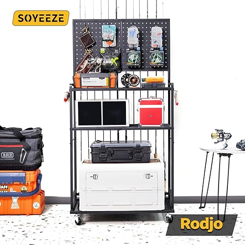 Miniatura 3 de SOYEEZE Soportes para cañas de pescar de gran tamaño para el garaje, estante de 3 niveles para cañas de pescar con tablero de clavijas y ganchos,