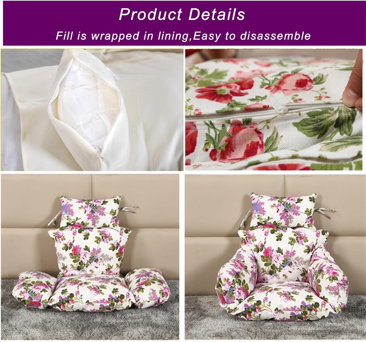 Egg Chair Cushion, Soft and Comfortable Hanging Basket Chair Cushion, Outdoor Recreation Egg Swing Chair Cushion(Peony Flower Red)