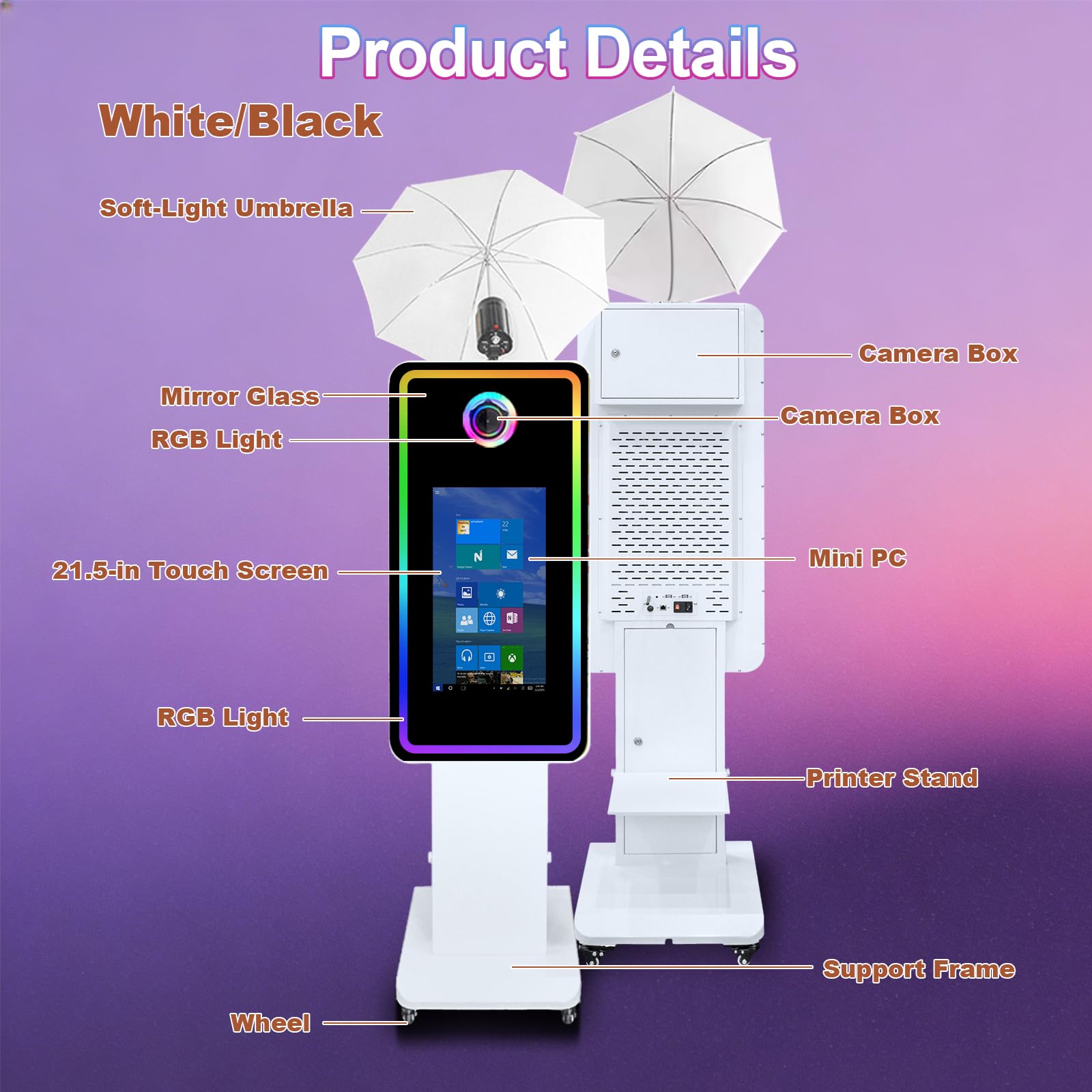 Cabina de fotos con espejo mágico con pantalla táctil y paraguas de luz suave con luz RGB, impresión de ideas y compartir para eventos de alquiler de fiestas (blanco, máquina de cabina de foto)