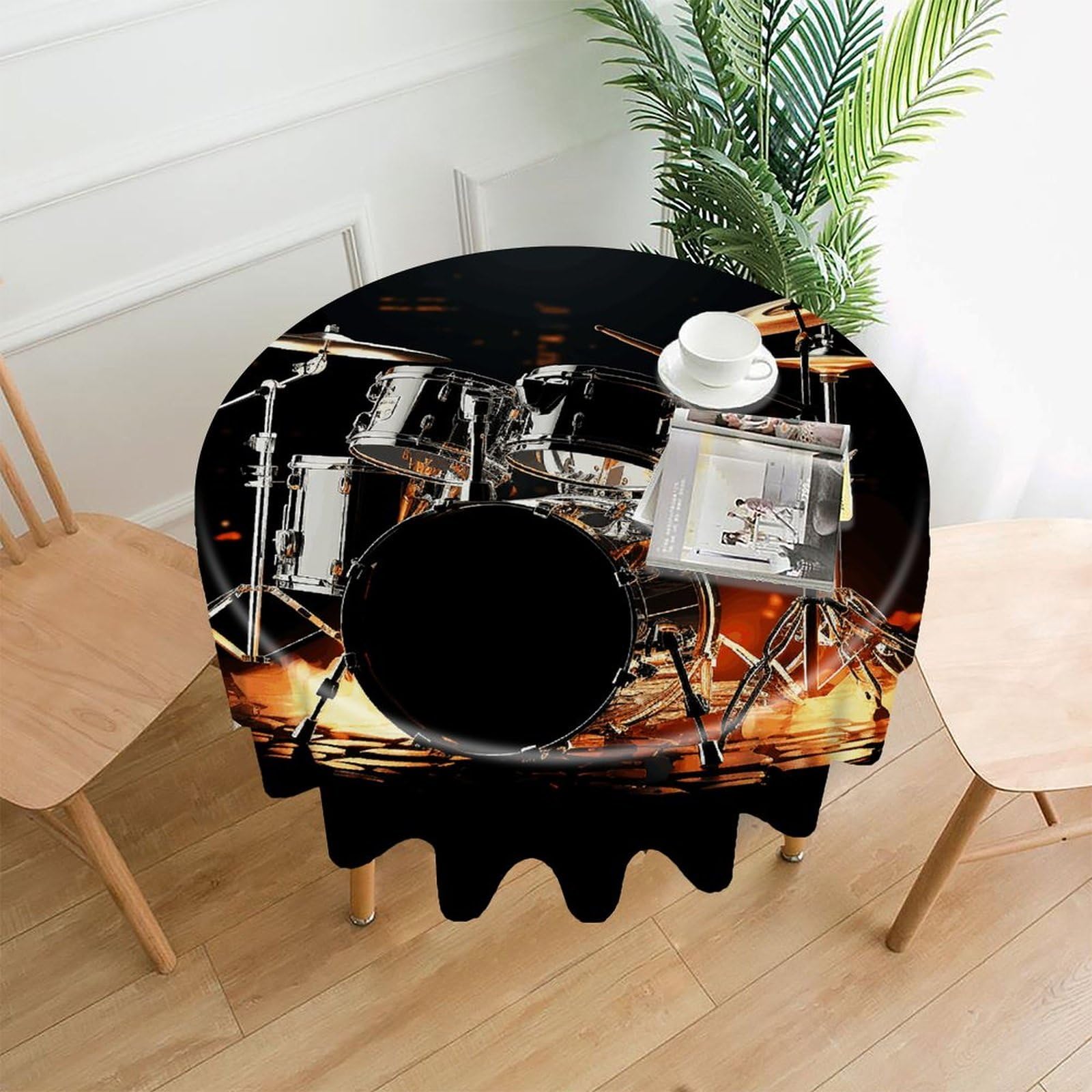 Drummer Tablecloth Exquisite Wrinkle-Free Straight-Edge Round Table Cloth Anti-Fading Premium Polyester Tablecloth Waterproof Folding Table Cloths for Tables Decor