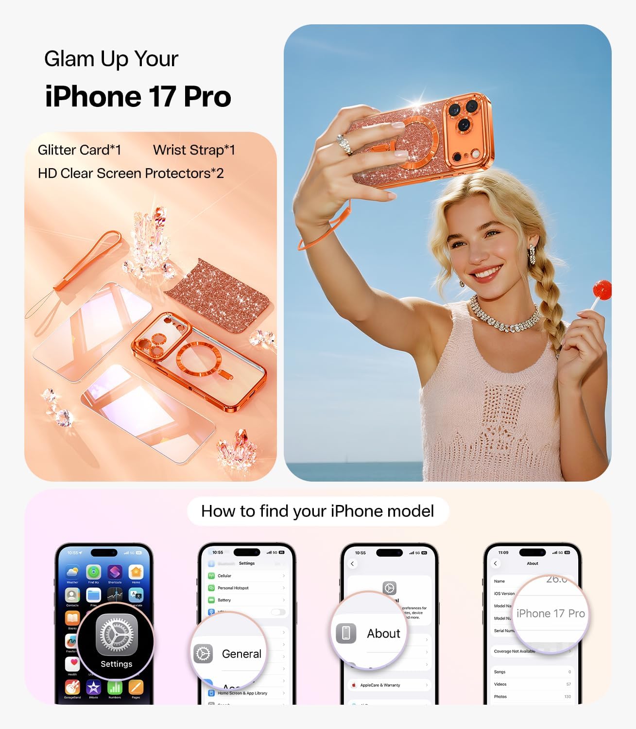 Meifigno Designed for iPhone 17 Pro Case 6.3", [Glitter Card & Wrist Strap] [Compatible with MagSafe] [2X HD Screen Protectors] Surround Raised Lens Protection for 17 Pro Case for Women,Cosmic Orange - Image 2