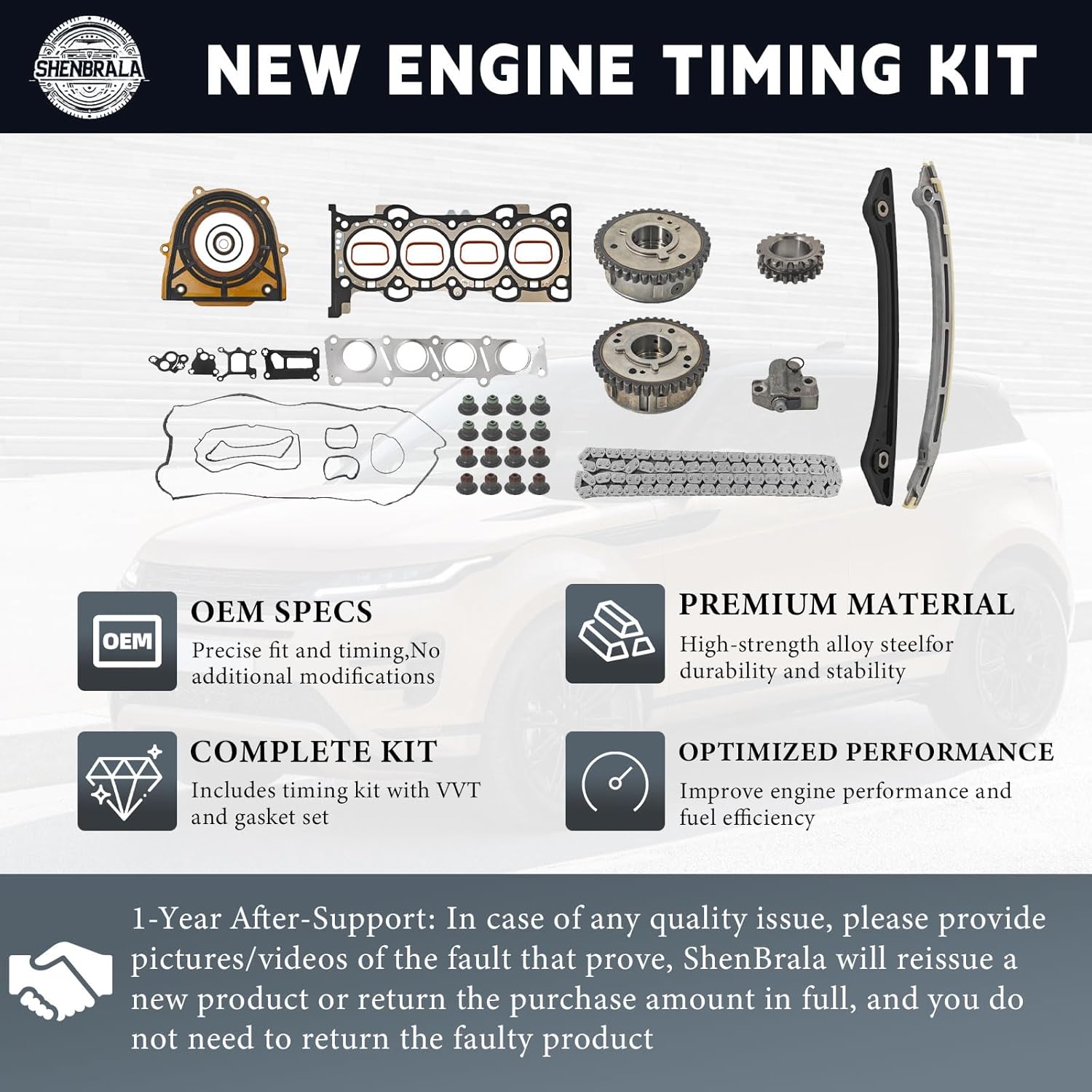 LR025263 Timing Chain Kit with VVT Gear and Gasket Kit for Land Rover Range Rover Evoque 2.0L 2011-2018, Discovery Sport 2.0L 2014-2018 and Freelander MK2 2011-2014, LR025264 LR025664 LR024975