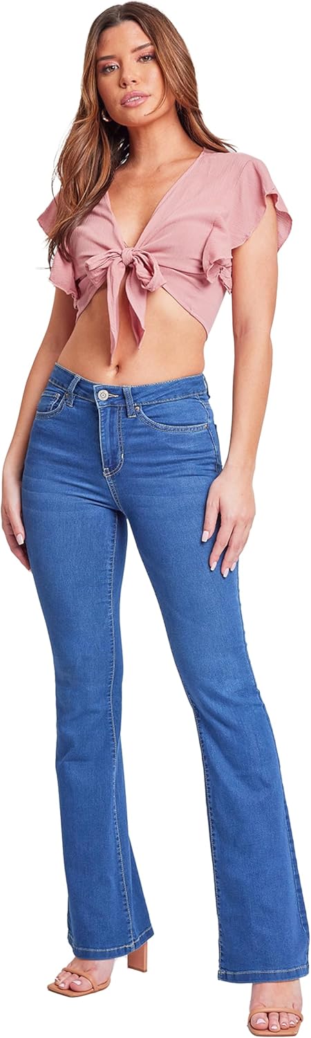 YMI Womens Hyper Denim Basic 5 Pkt 1 Btn Hr Flare Regular Inseam