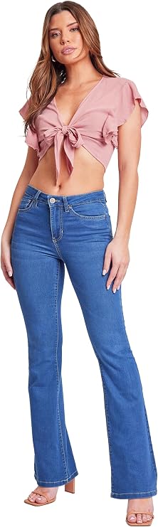 YMI Women's YMI Womens Hyper Denim Basic 5 Pkt 1 Btn Hr Flare Regular Inseam
