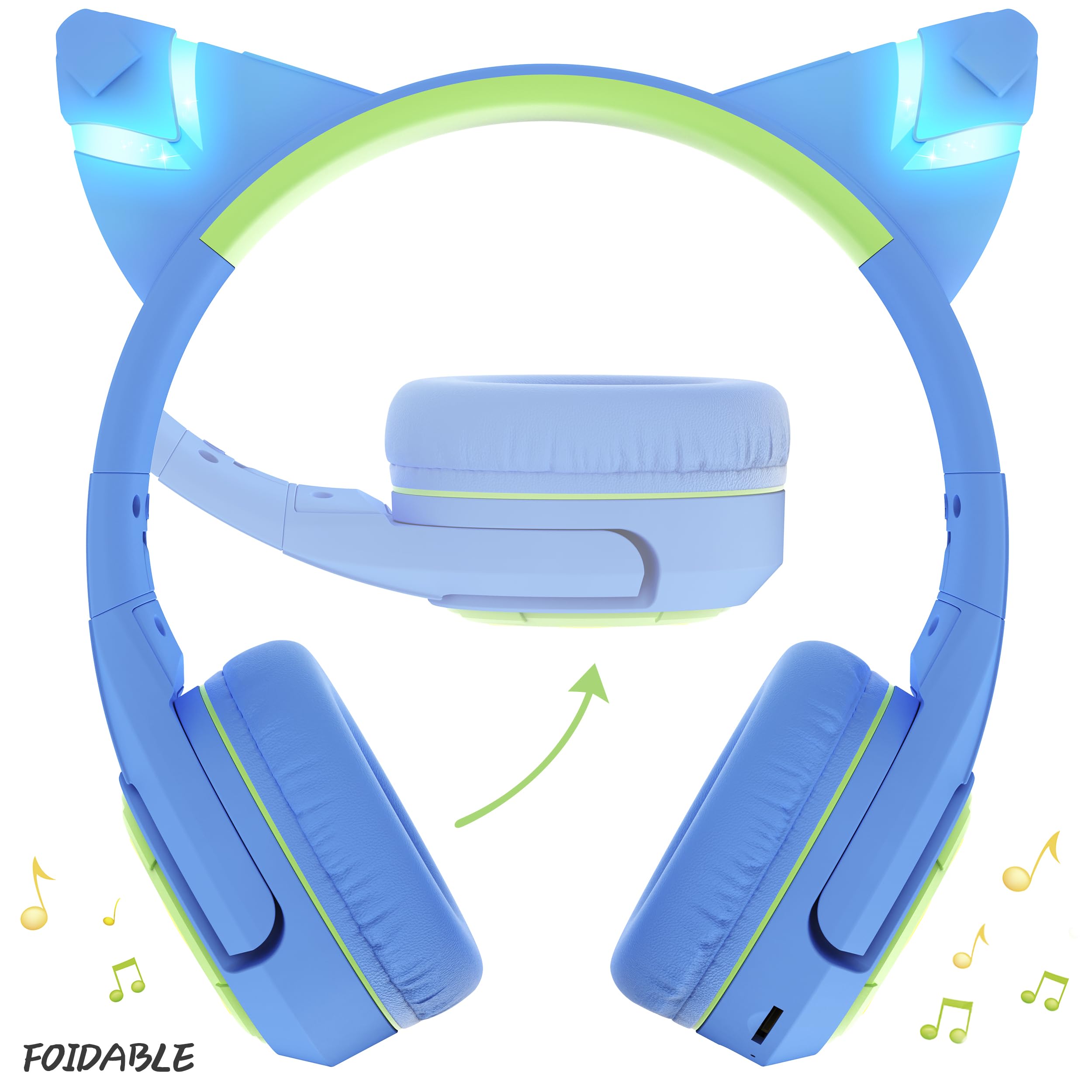 Riwbox CF9 - Cuffie Bluetooth per bambini, con orecchie di gatto, con luce LED, microfono ad asta e microfono integrato per chiamate, volume limitato di 85 dB, cuffie wireless e cablate, per la scuola