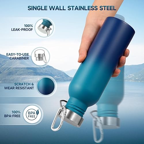 Miniatura 5 de Volhoply Botella de agua de 26 onzas sin aislamiento, de una sola pared, de acero inoxidable, reutilizables, con asa, botellas de agua de boca ancha