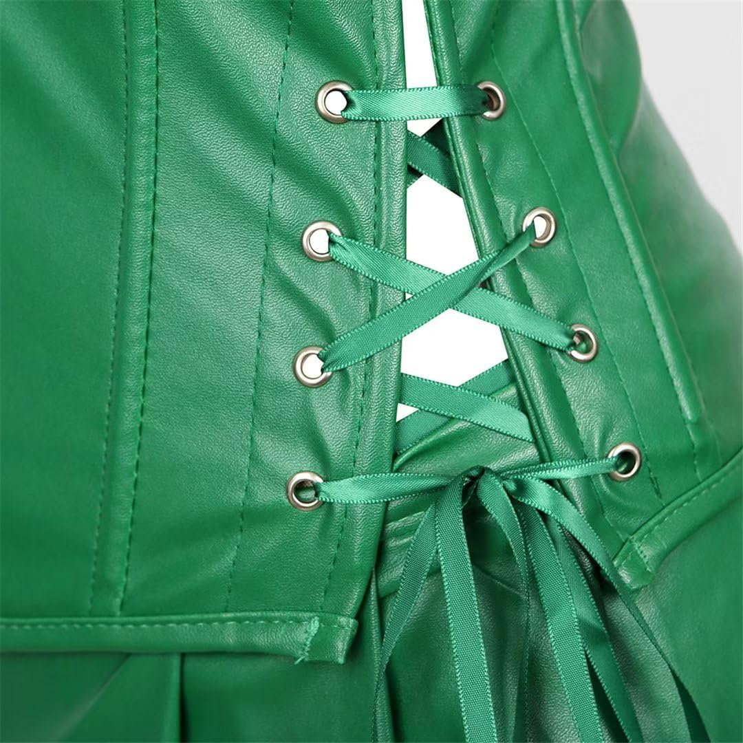 Leather Corset Dress Skirt Zipzer Women's Sexy Punk Rock Gothic Bustier Lingerie Renaissance Pirate Green