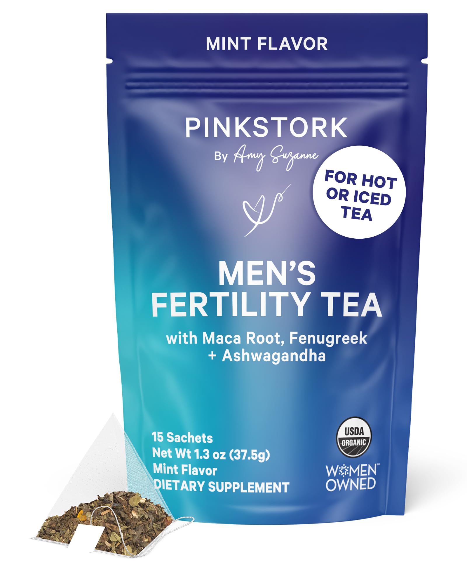 BlueStork Men's Fertility Tea: Organic Fertility Supplements for Men, Green Tea, Maca Root, and Ginkgo Biloba for Male Reproductive Health, Mint, 15 Sachets