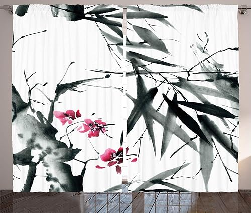 Miniatura 1 de Ambesonne Cortinas japonesas, concepto de naturaleza, tradicional flor de cerezo inspirado en japonés, estampado folclórico de inspiración japonesa,